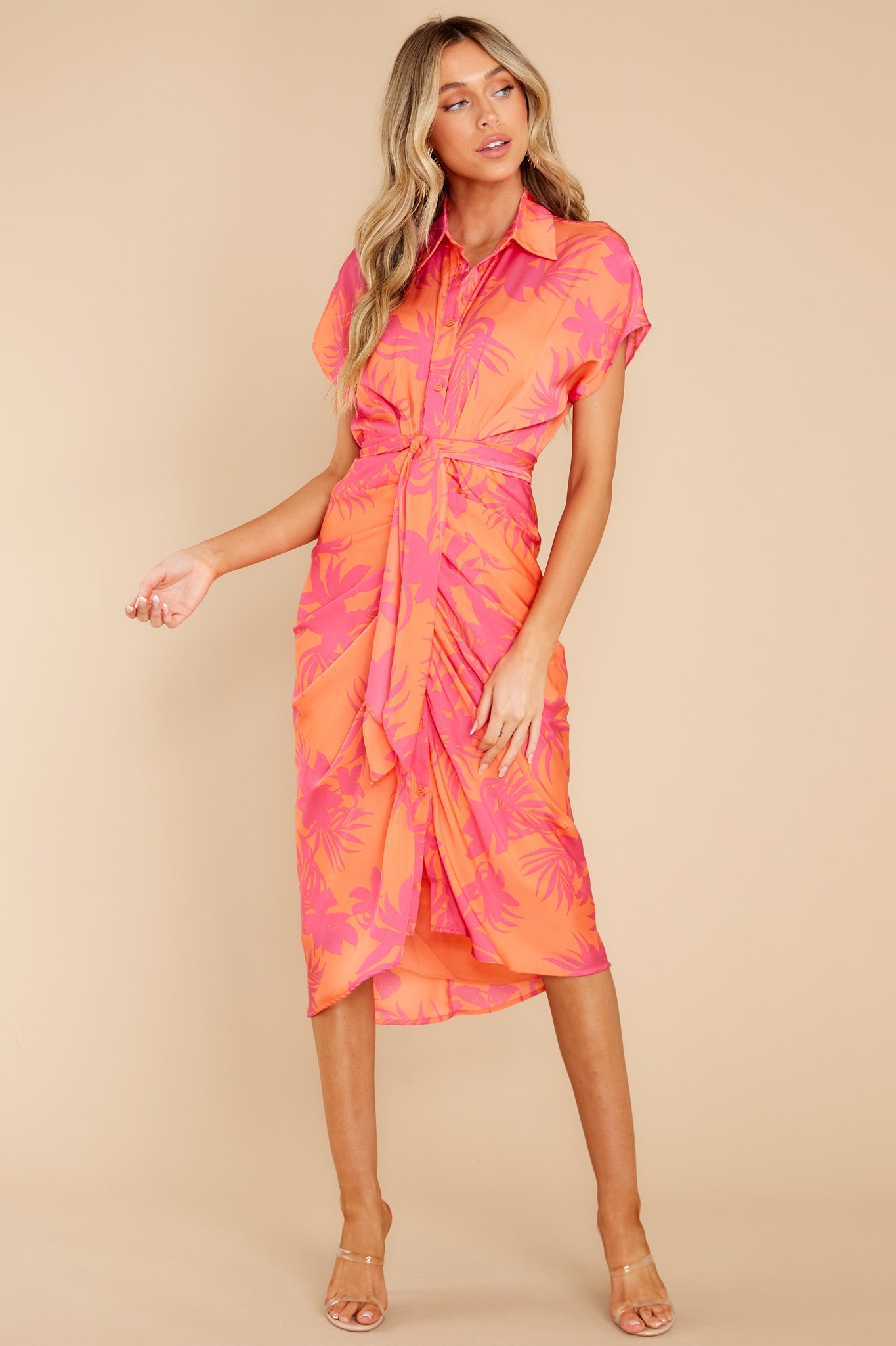 Beautiful Smile Hot Pink And Orange Leaf Print Midi Dress