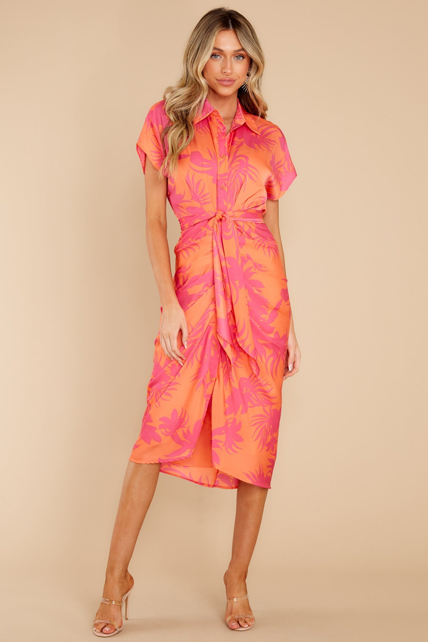 Beautiful Smile Hot Pink And Orange Leaf Print Midi Dress