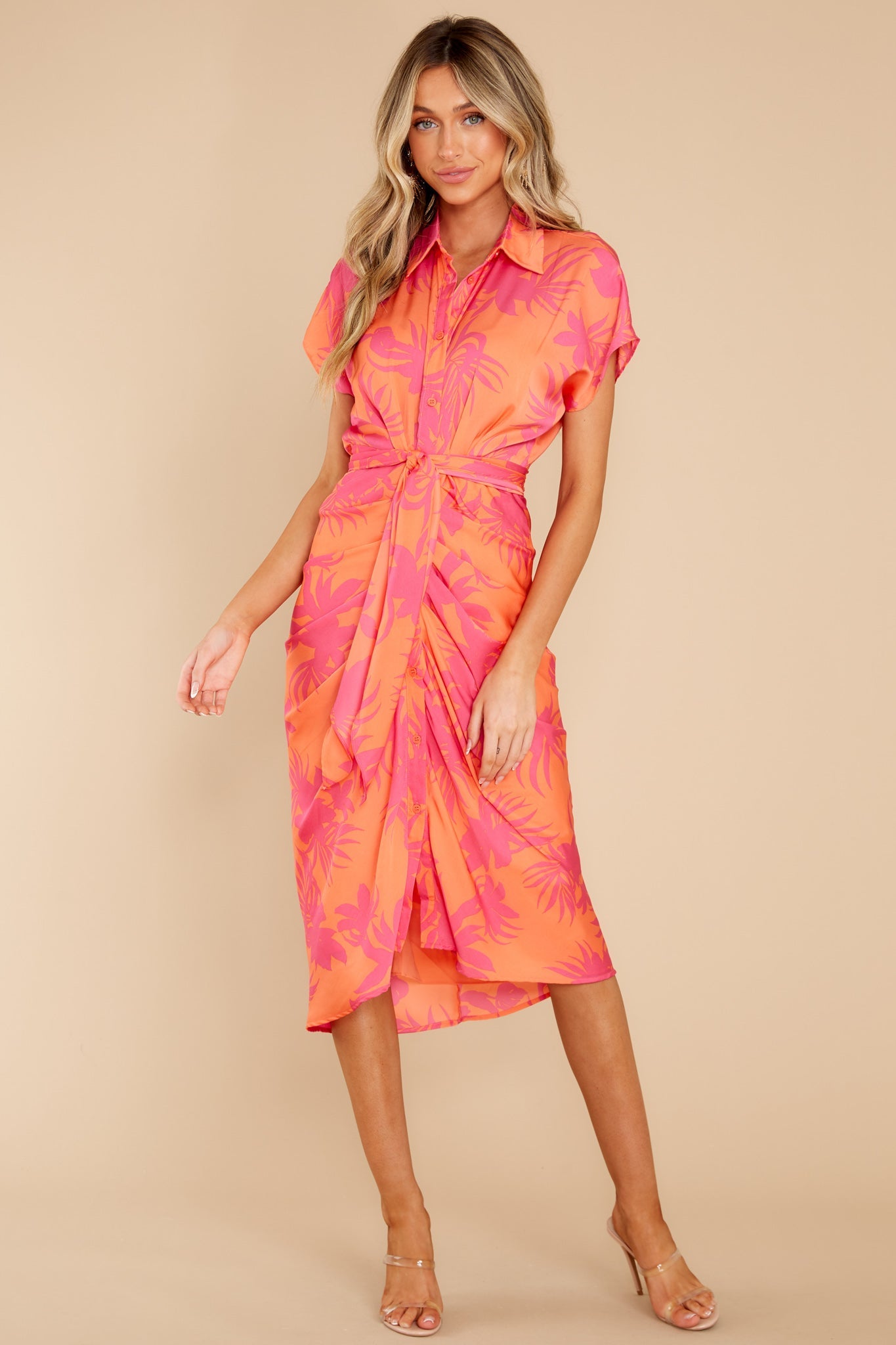 Beautiful Smile Hot Pink And Orange Leaf Print Midi Dress