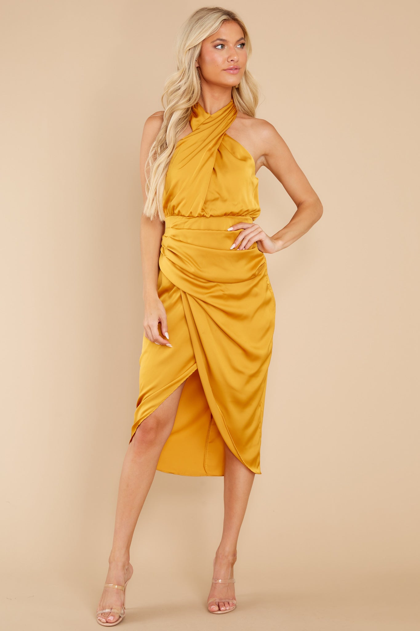 Midnight Chances Mustard Midi Dress