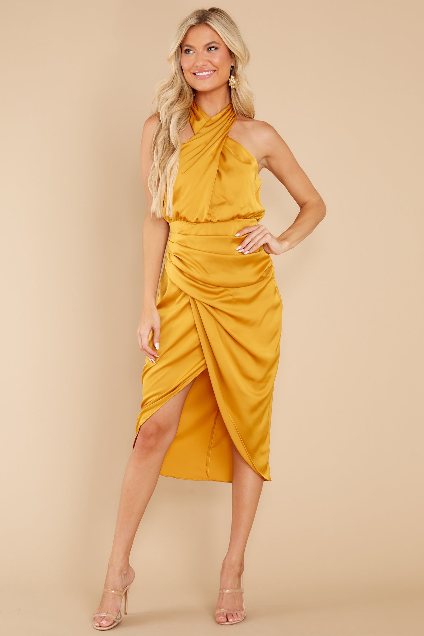 Midnight Chances Mustard Midi Dress