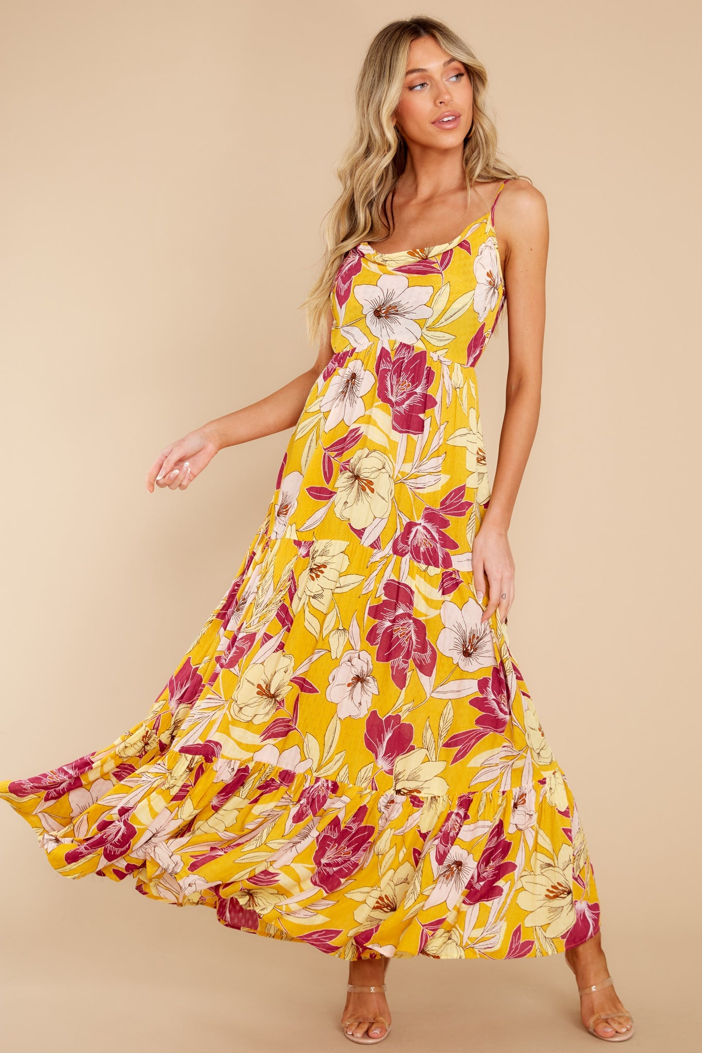 Lovescape Gold Floral Cowl Neck Maxi Dress