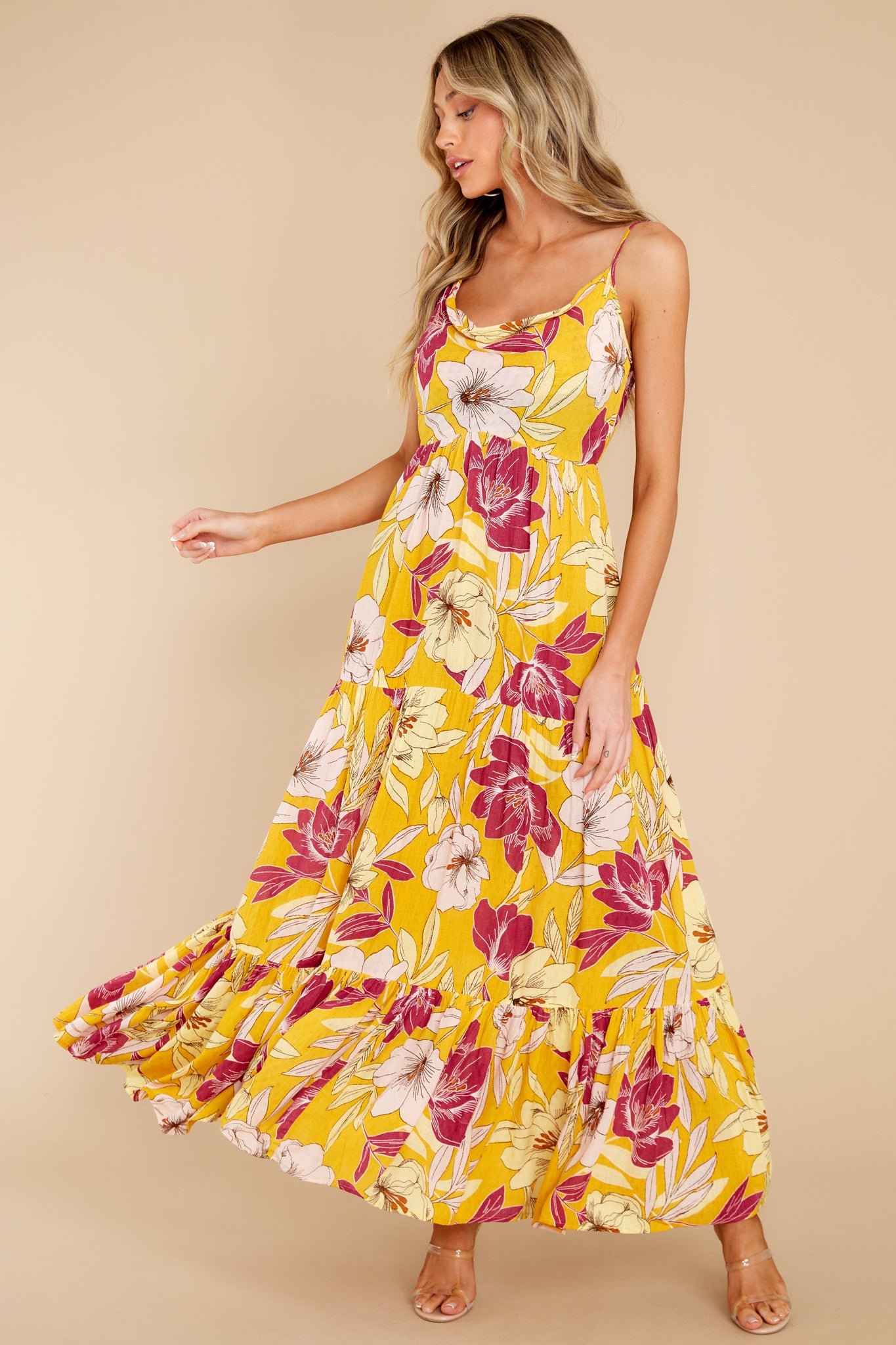Lovescape Gold Floral Cowl Neck Maxi Dress