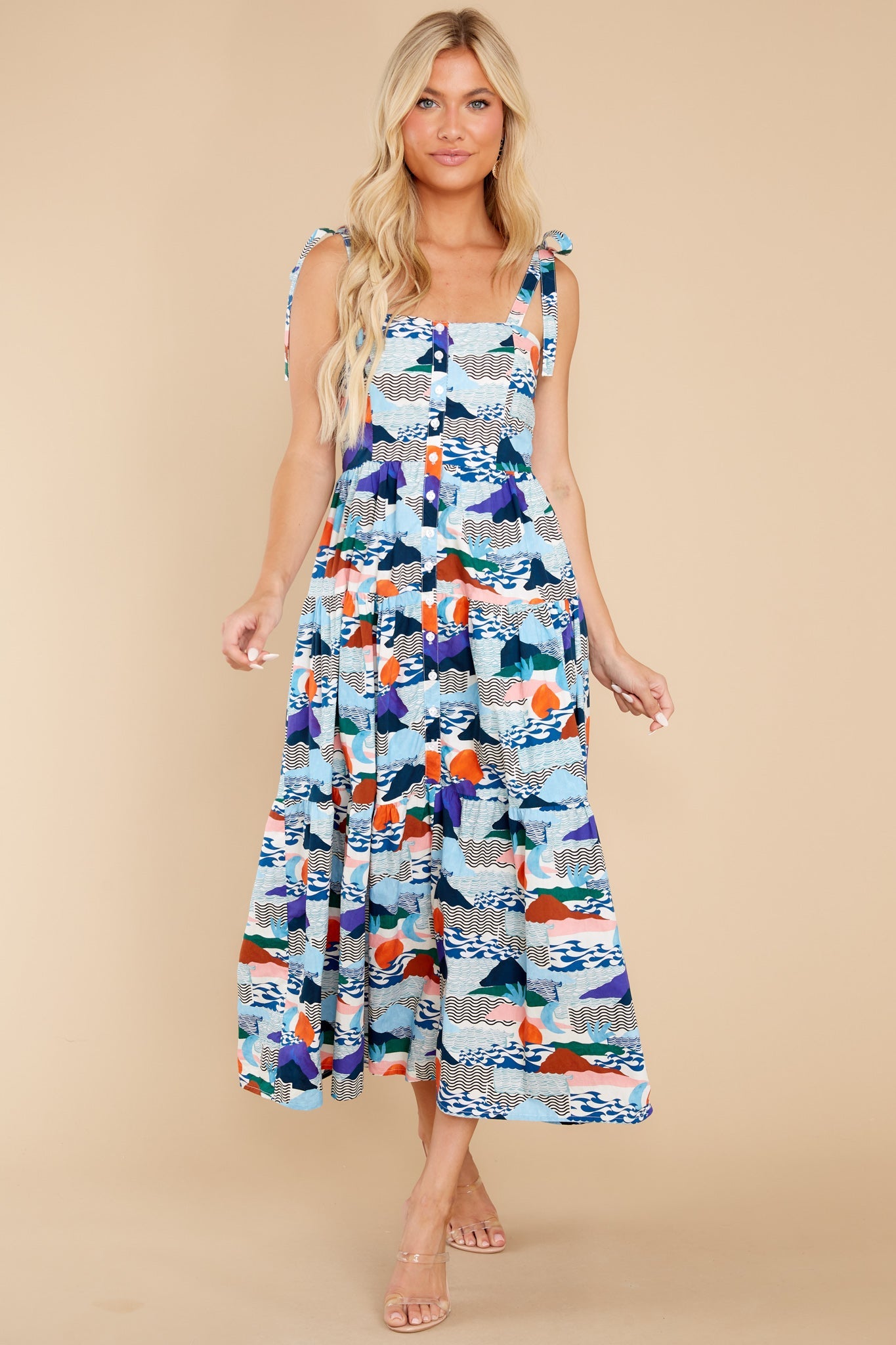 Pacifica Mini White Tie Strap Button Midi Dress