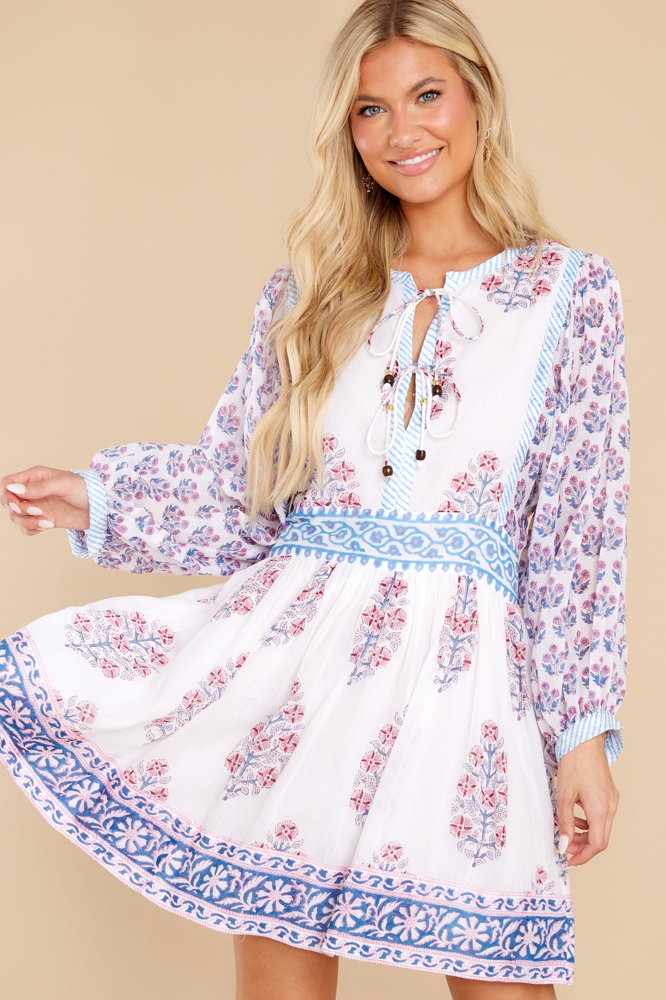 Posey Blue Tie Front Balloon Sleeve Dress