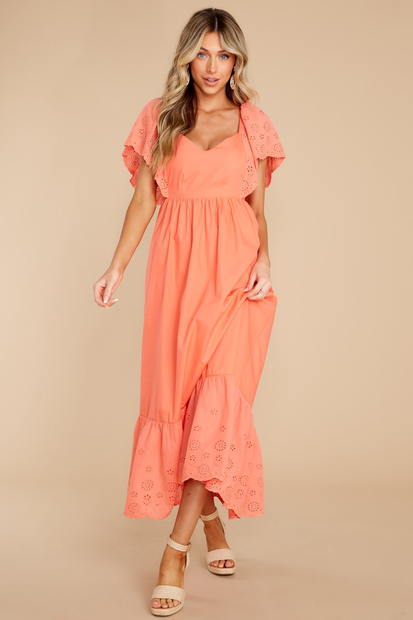 Unforgettable Moments Coral Eyelet Maxi Dress