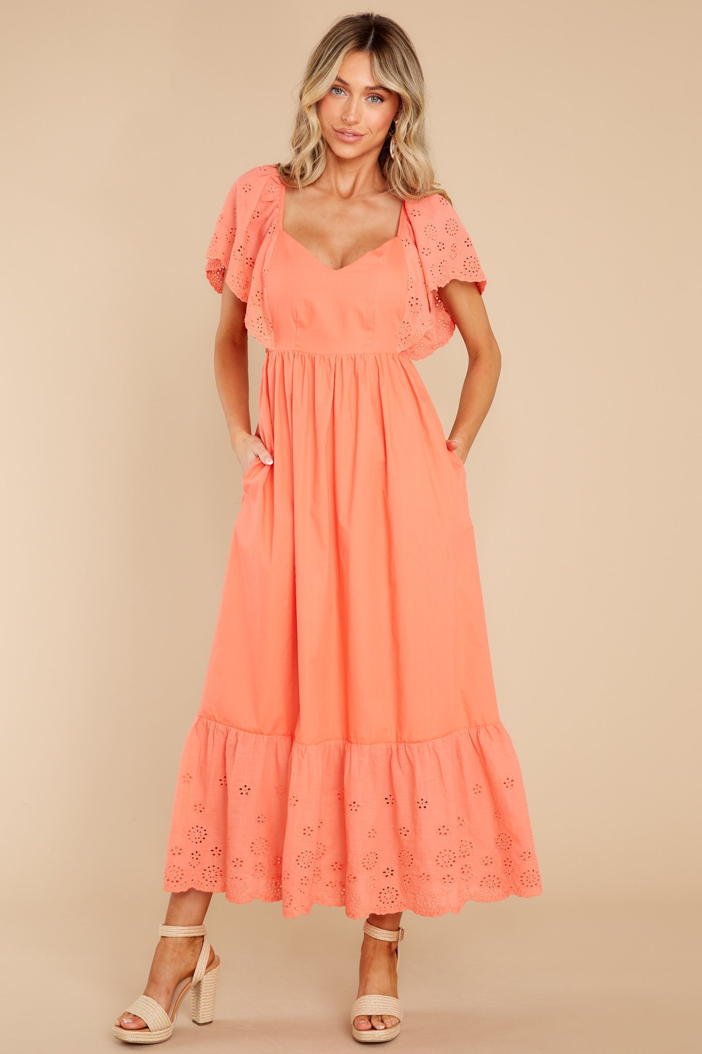 Unforgettable Moments Coral Eyelet Maxi Dress