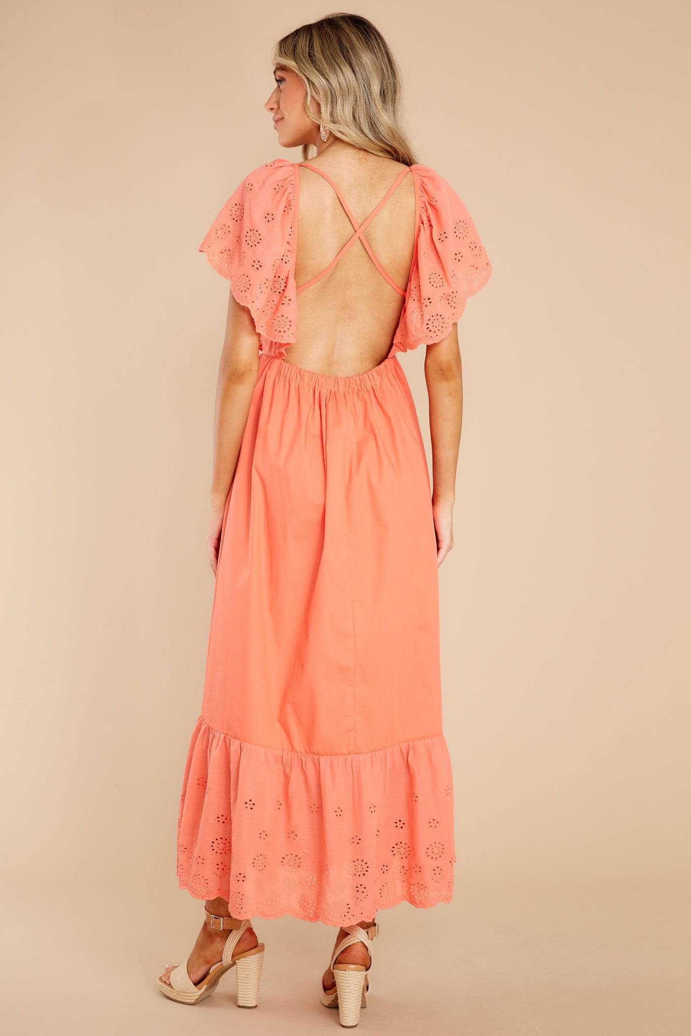 Unforgettable Moments Coral Eyelet Maxi Dress