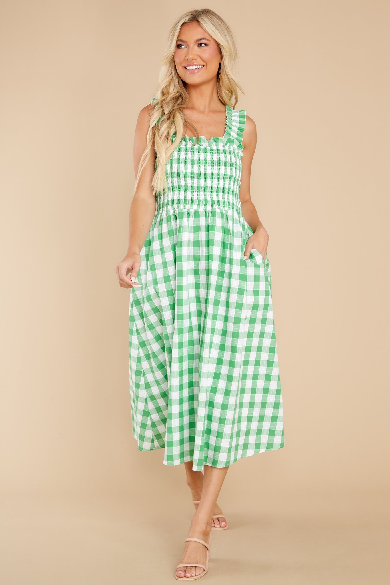 Away From Here Green Gingham Cotton Midi Dress