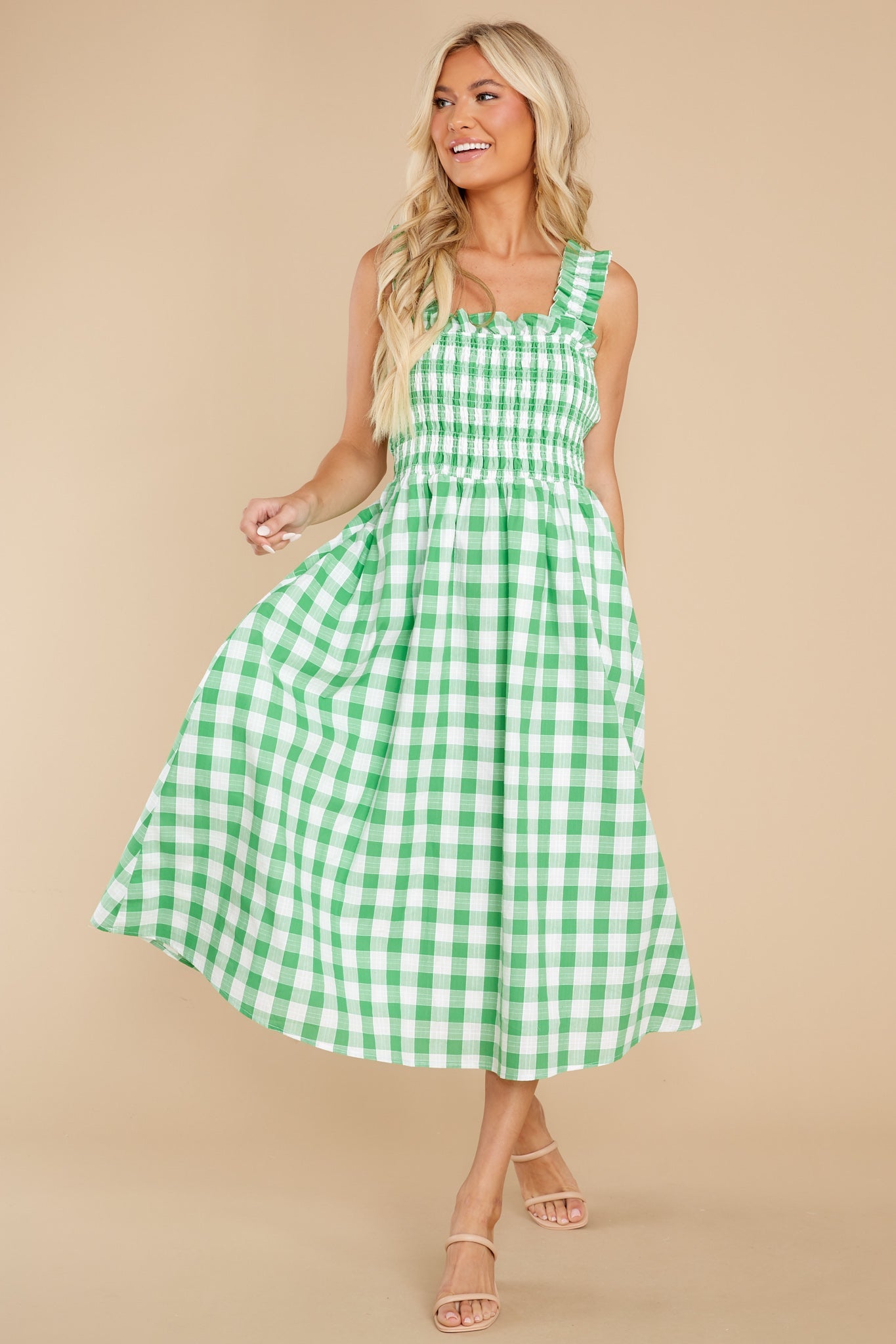 Away From Here Green Gingham Cotton Midi Dress