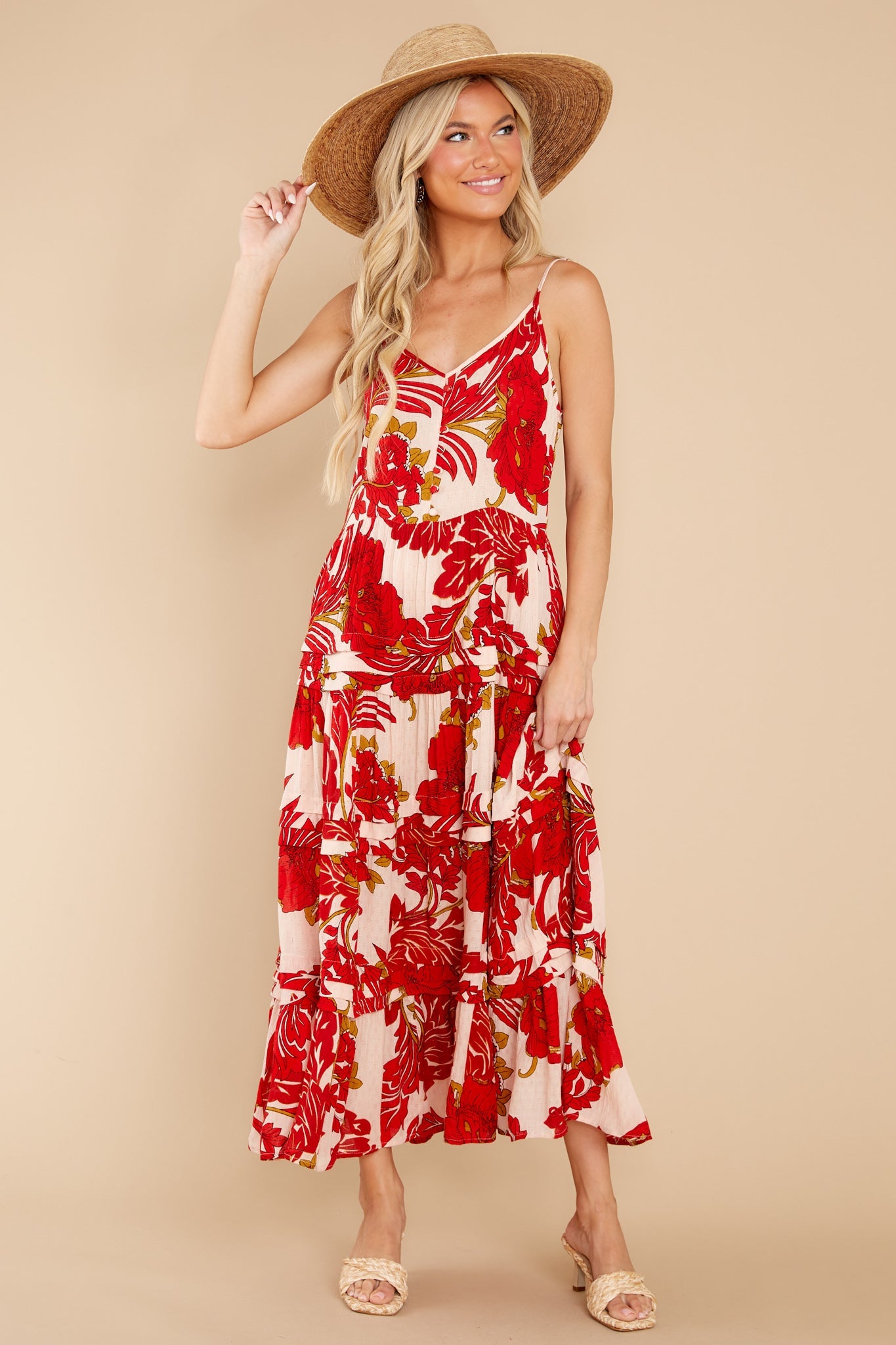 For The Roses Red Floral Button Maxi Dress