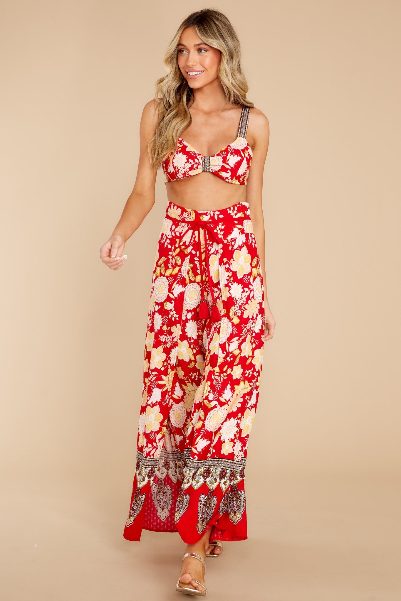 On The Road Red Floral Wide Leg Pants