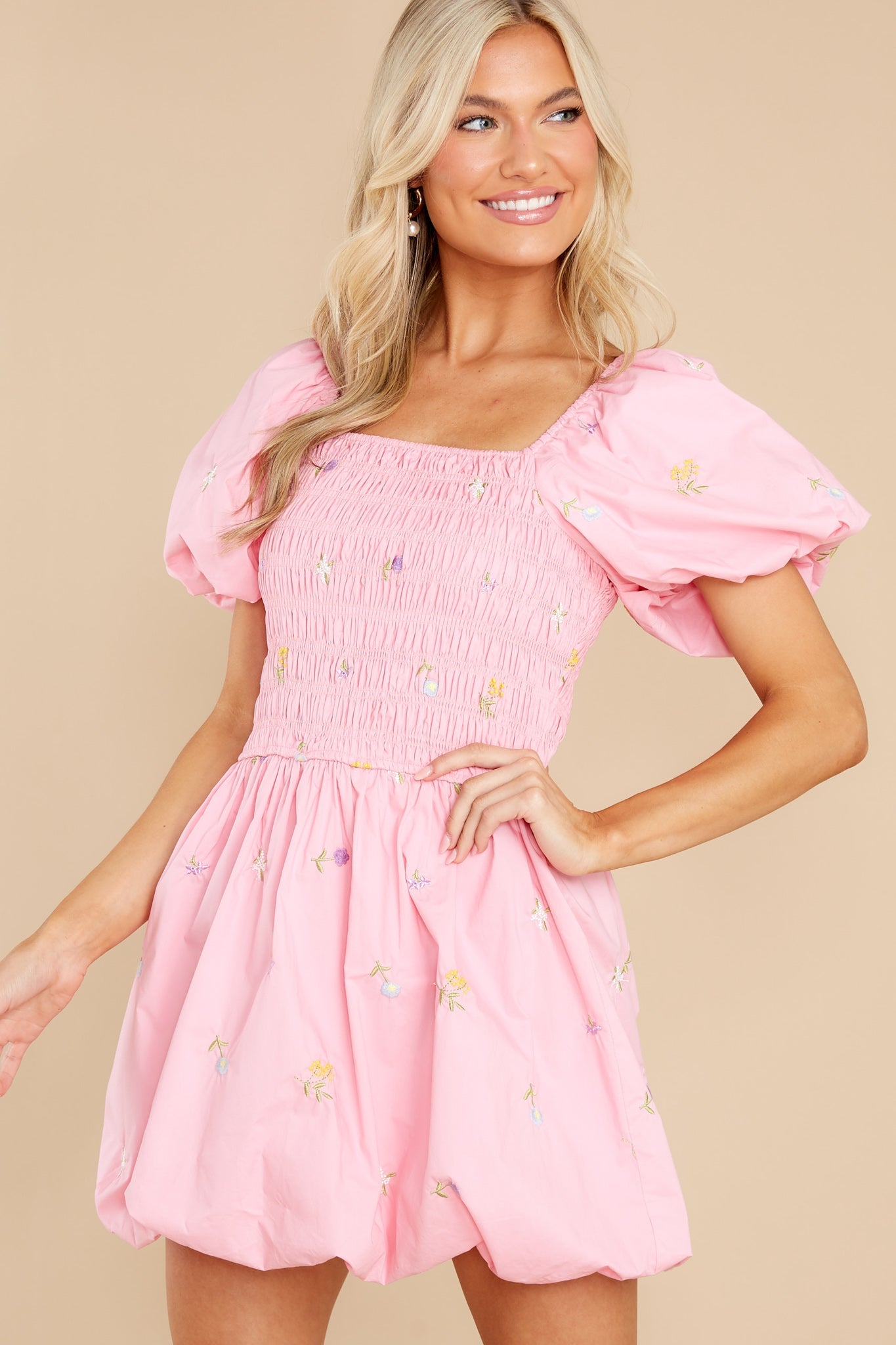 Botanical Cutie Pink Embroidered Puff Sleeve Dress
