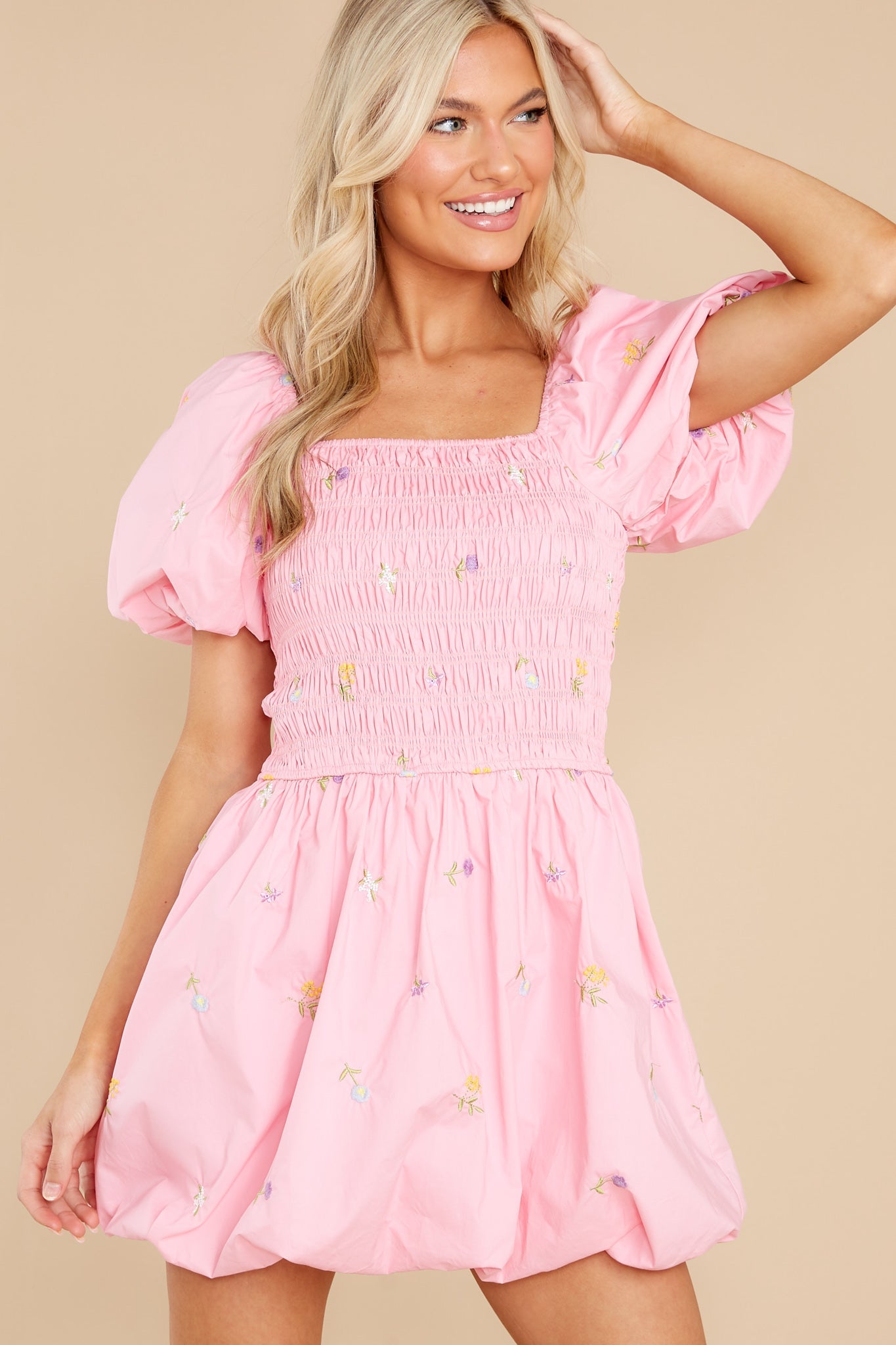 Botanical Cutie Pink Embroidered Puff Sleeve Dress