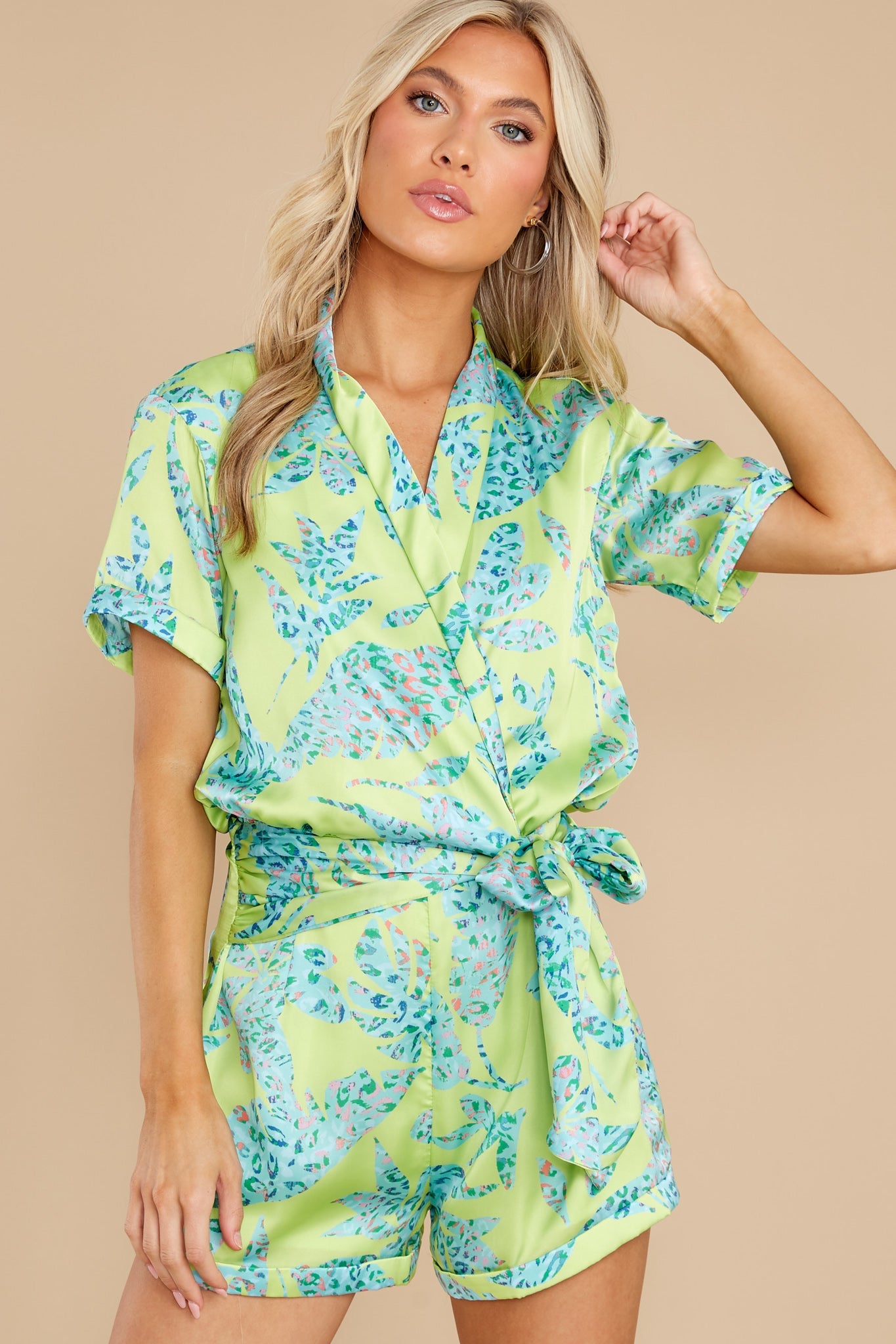 Acacia Printed Satin Short Sleeve Wrap Waist Romper