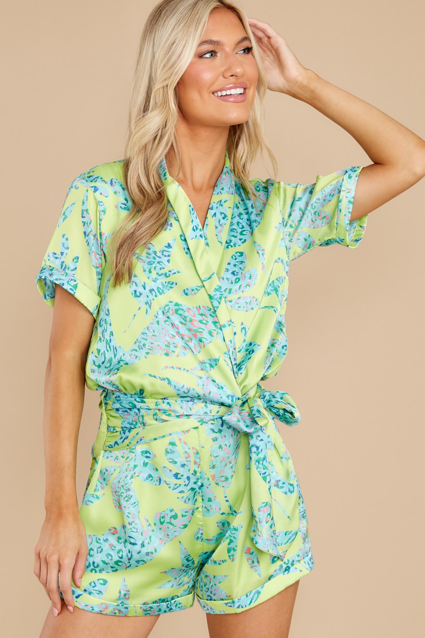 Acacia Printed Satin Short Sleeve Wrap Waist Romper