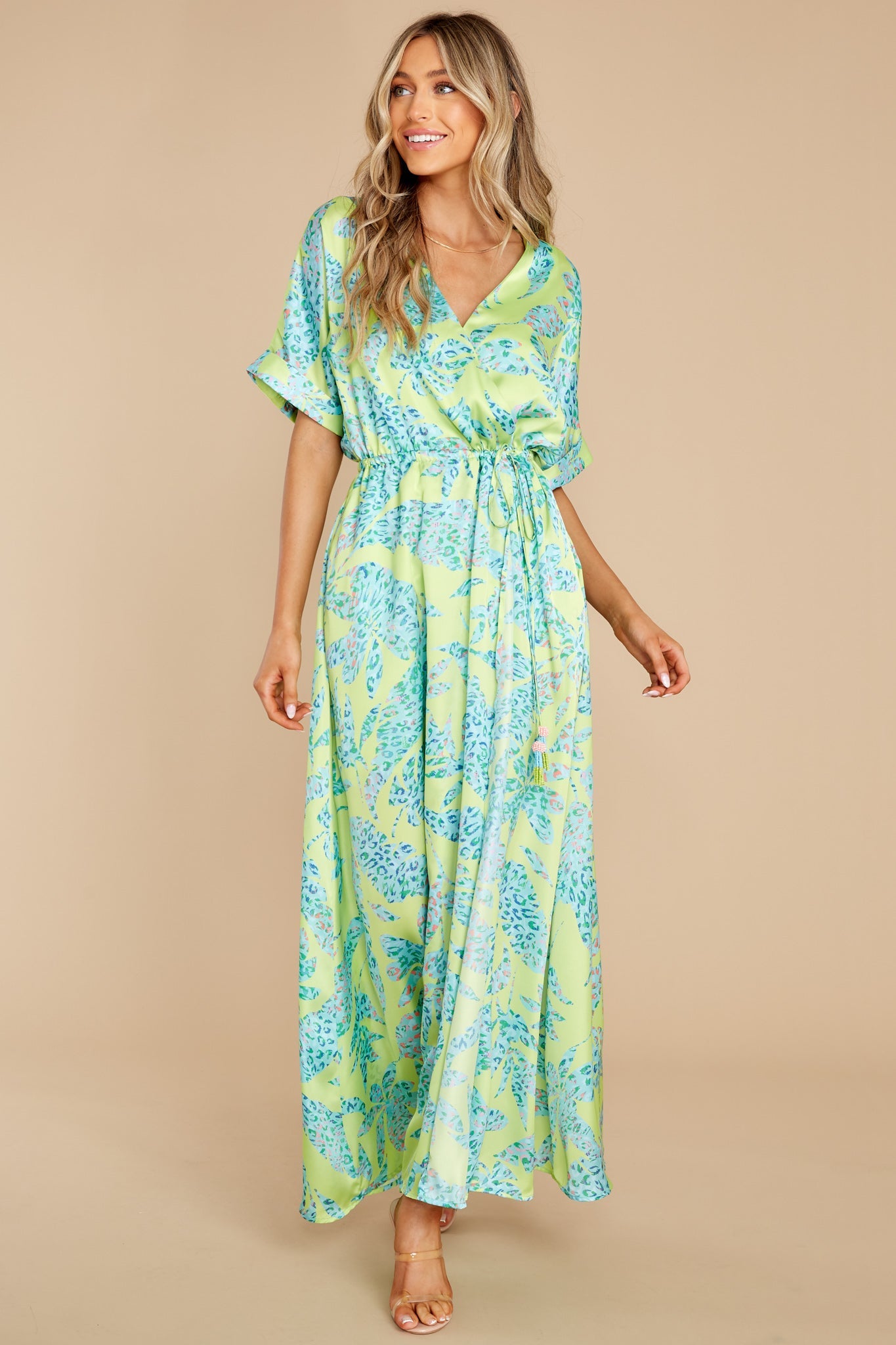 Viera Wild Lime Print Satin Faux Wrap Maxi Dress