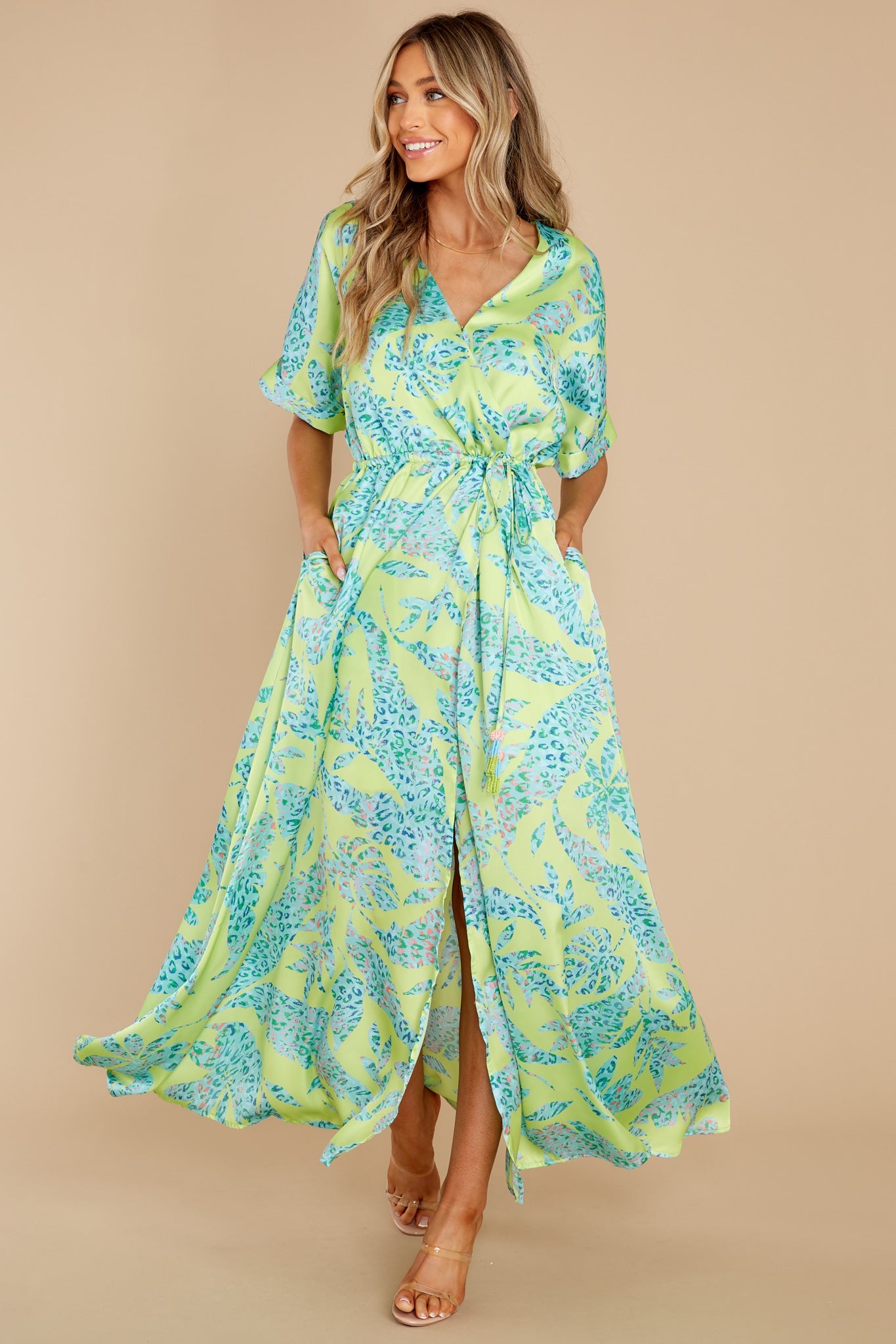 Viera Wild Lime Print Satin Faux Wrap Maxi Dress