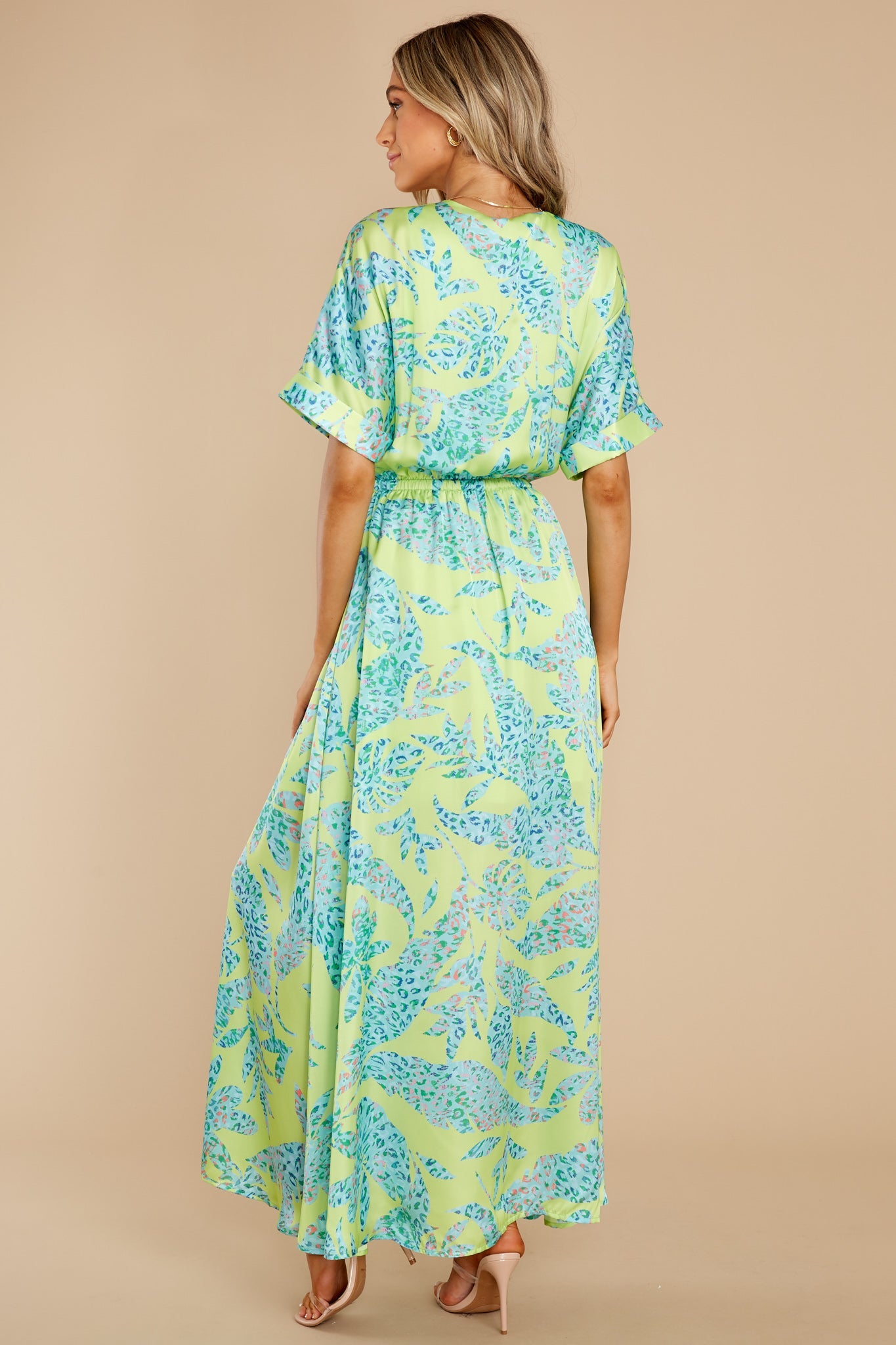 Viera Wild Lime Print Satin Faux Wrap Maxi Dress