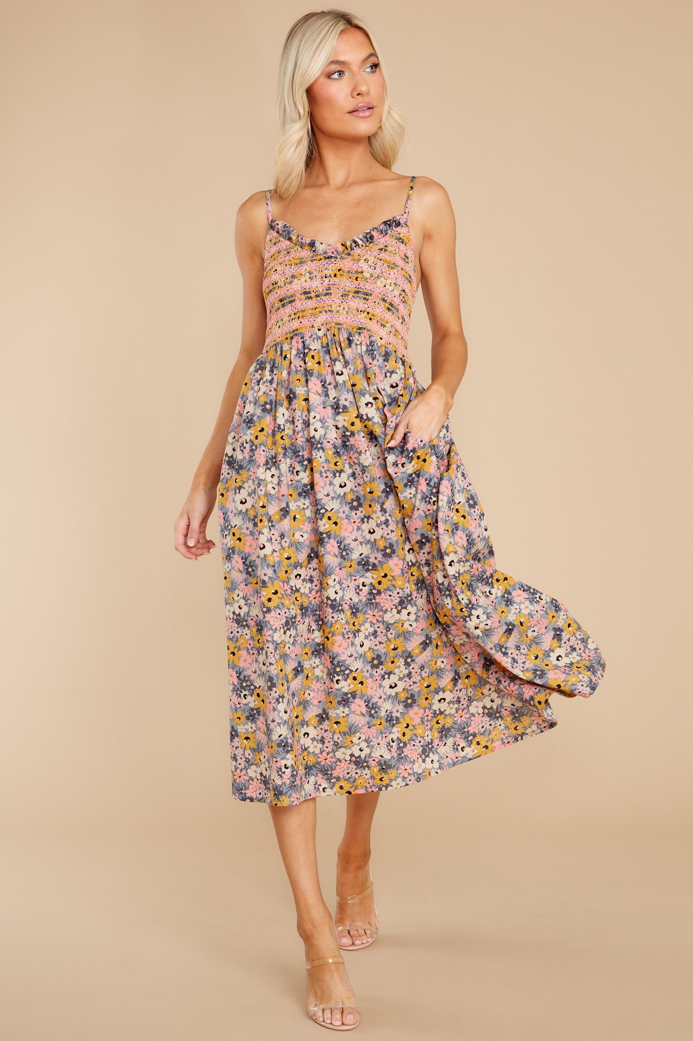 Bloom Where You're Planted Blush Floral Midi Dress