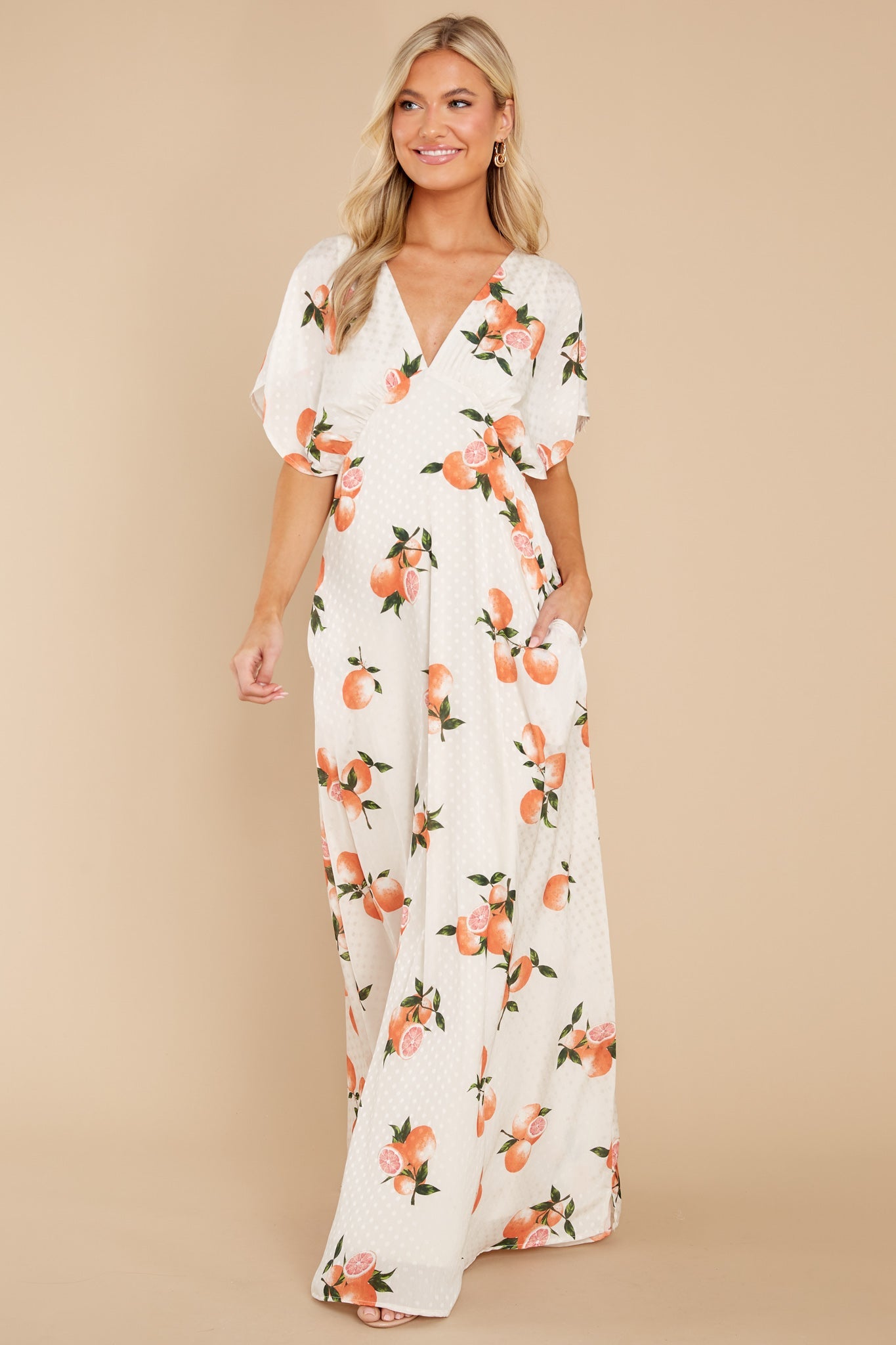 Dianella Grapefruit Print Satin Flutter Sleeve Maxi Dress