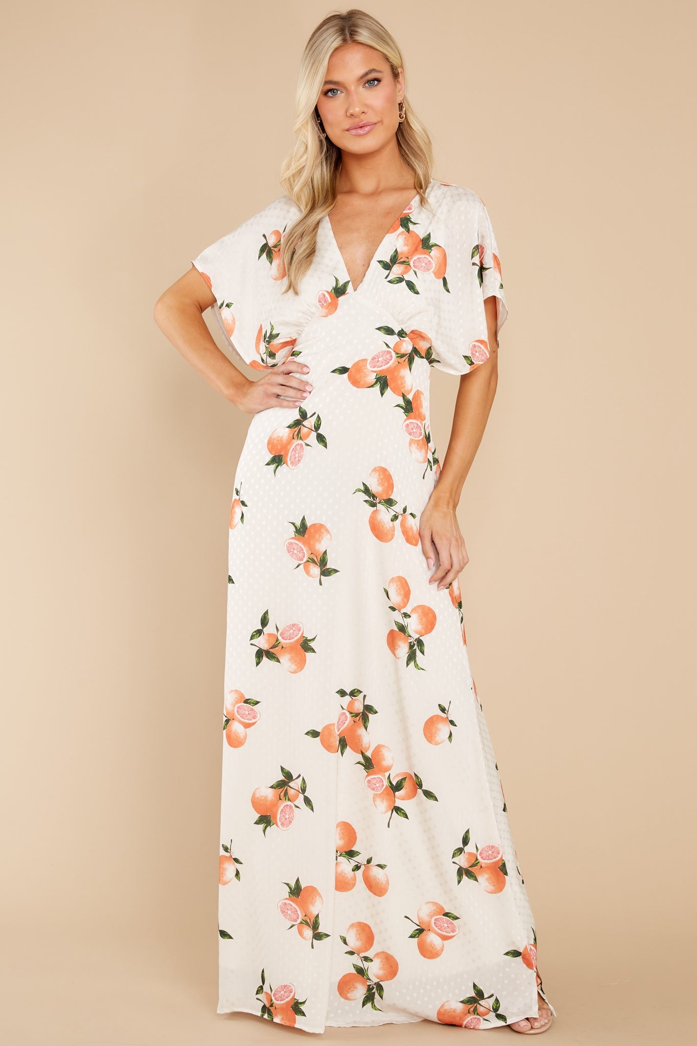 Dianella Grapefruit Print Satin Flutter Sleeve Maxi Dress