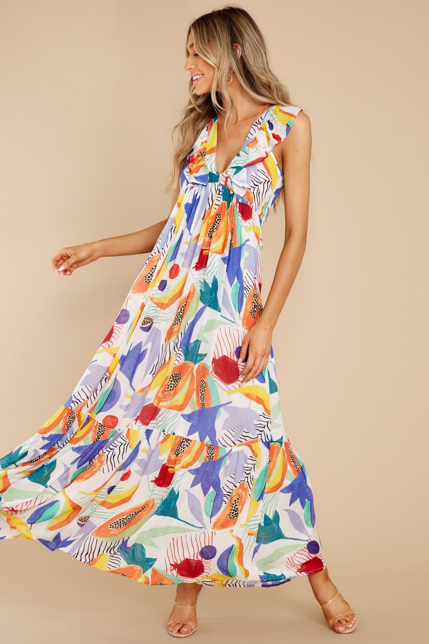 Papaya Yellow Ruffle V-Neck Maxi Dress