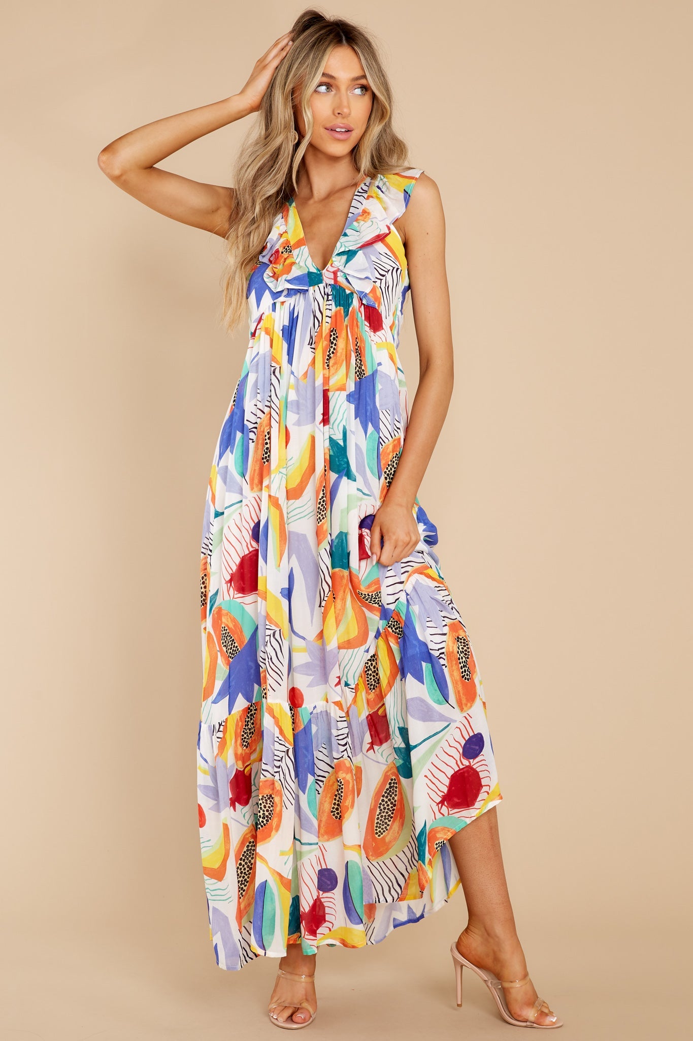Papaya Yellow Ruffle V-Neck Maxi Dress
