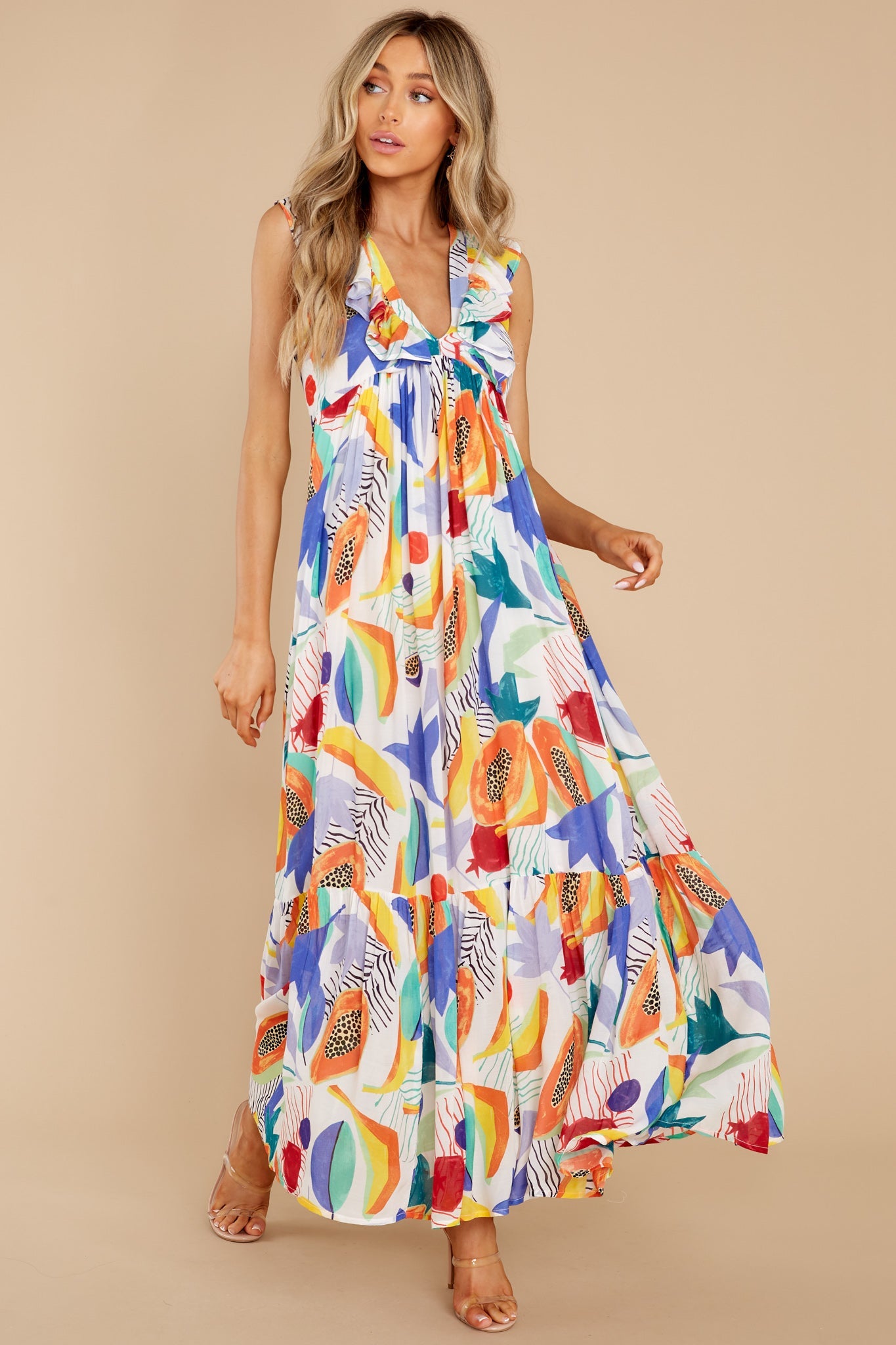 Papaya Yellow Ruffle V-Neck Maxi Dress