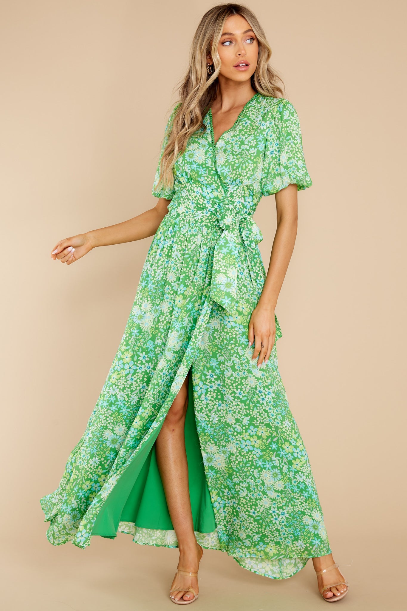 Kyla Printed Bubble Sleeve Wrap Maxi Dress