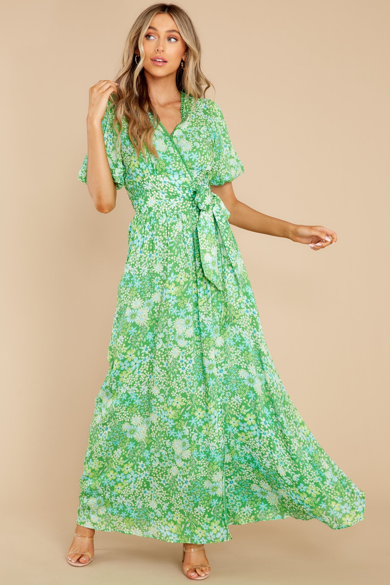 Kyla Printed Bubble Sleeve Wrap Maxi Dress