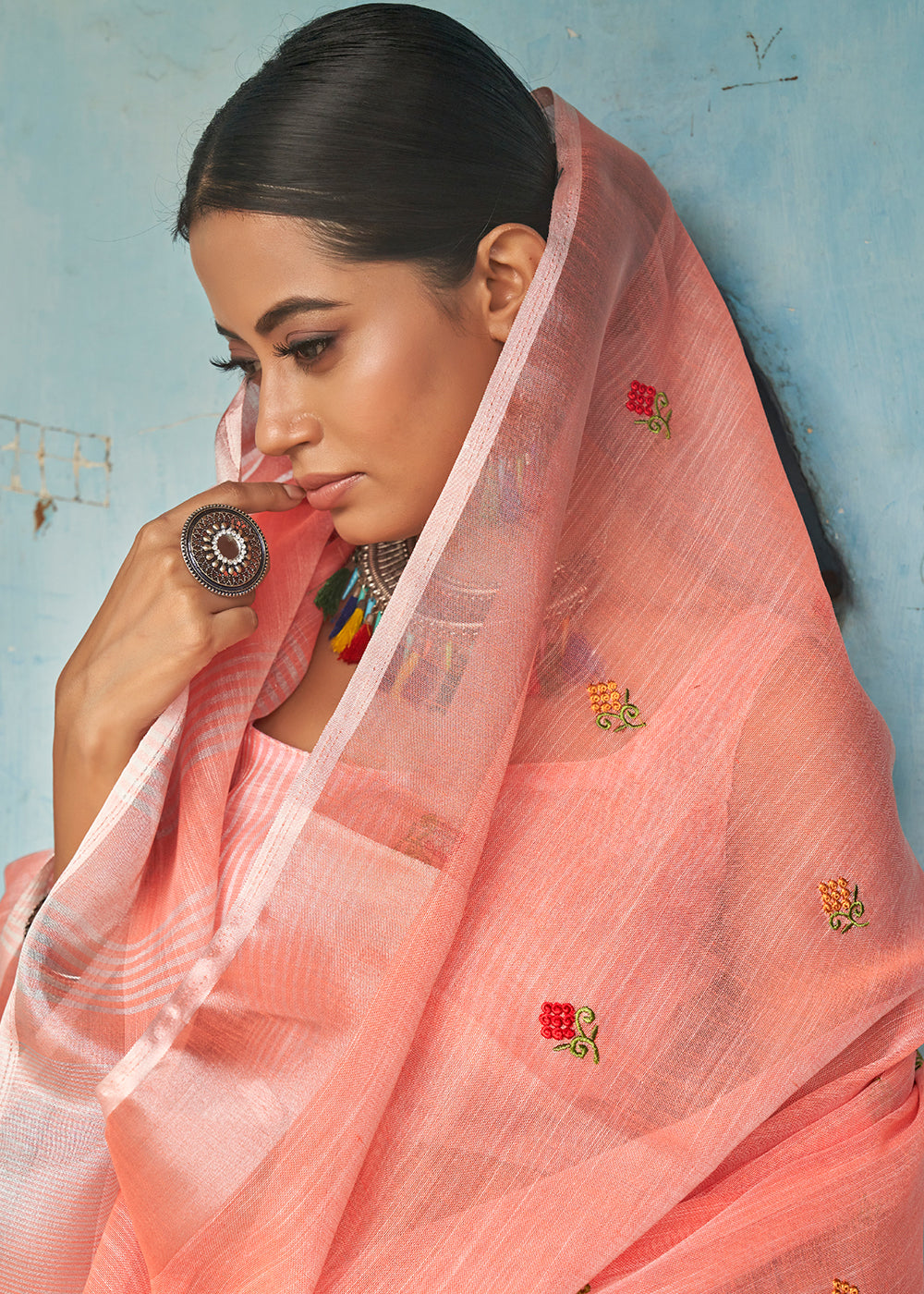 Coral Pink Floral Embroidered Linen Saree