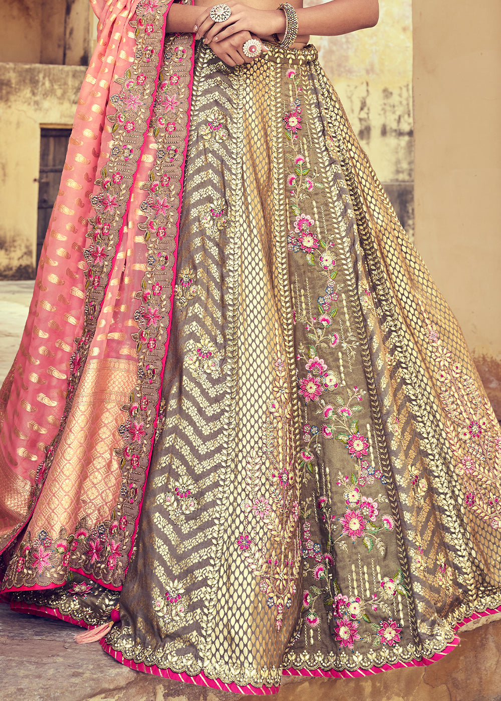 Grey & Pink Banarasi Silk Lehenga Choli with Khatli and Heavy Embroidered work