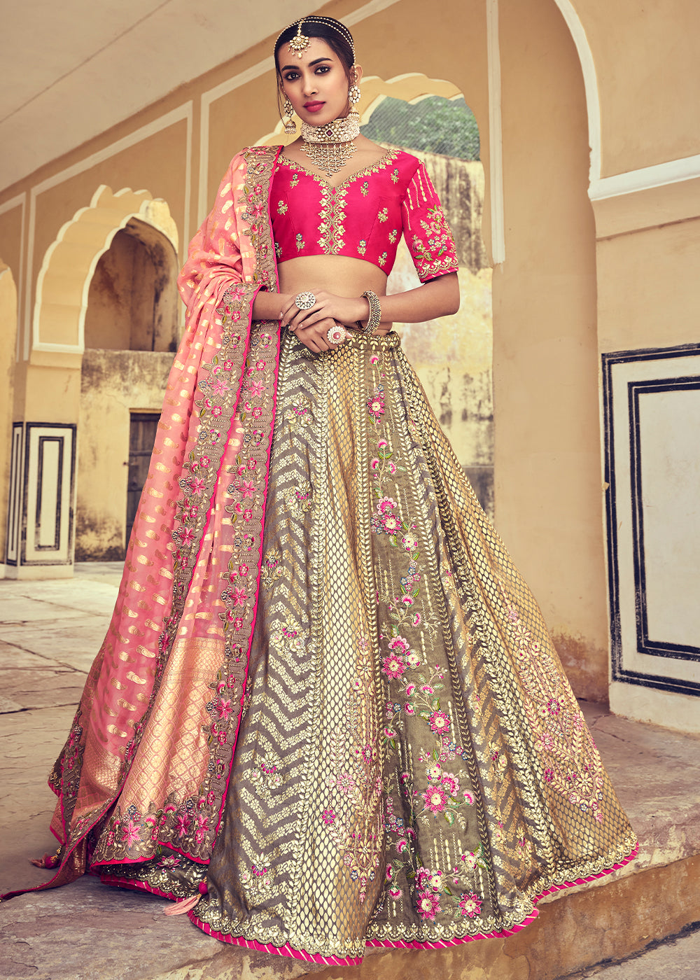 Grey & Pink Banarasi Silk Lehenga Choli with Khatli and Heavy Embroidered work