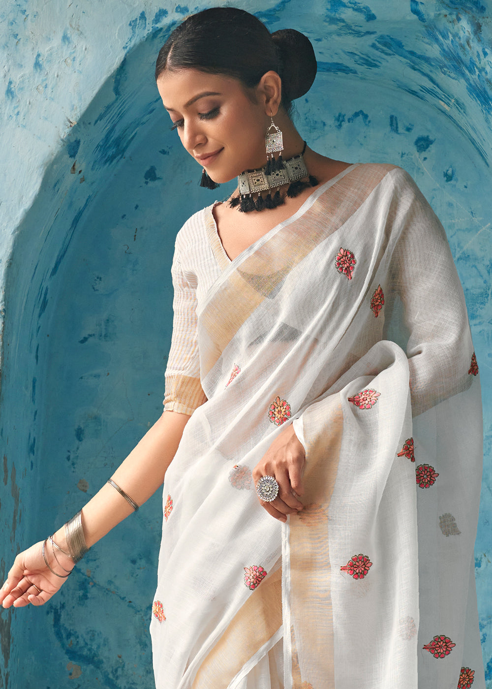 Pearl White Floral Embroidered Linen Saree