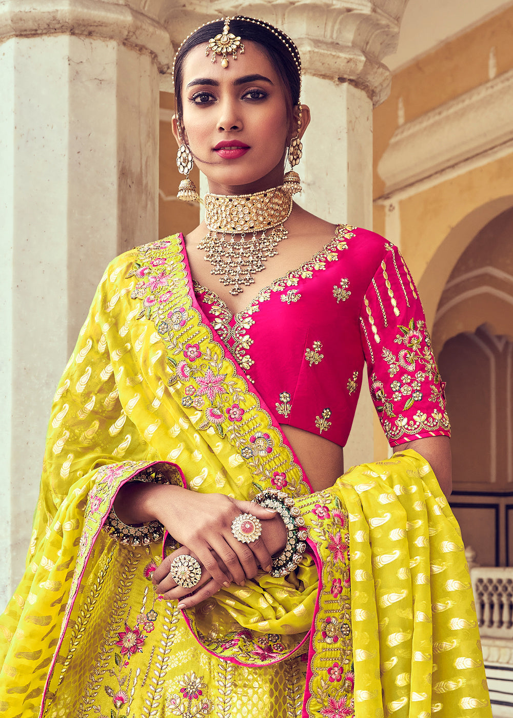 Cadmium Yellow Banarasi Silk Lehenga Choli with Khatli and Heavy Embroidered work