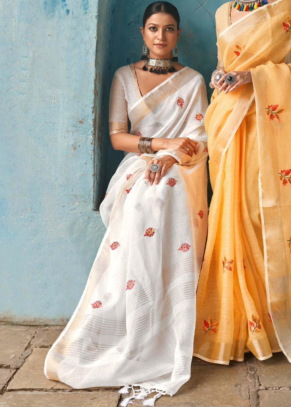 Pearl White Floral Embroidered Linen Saree