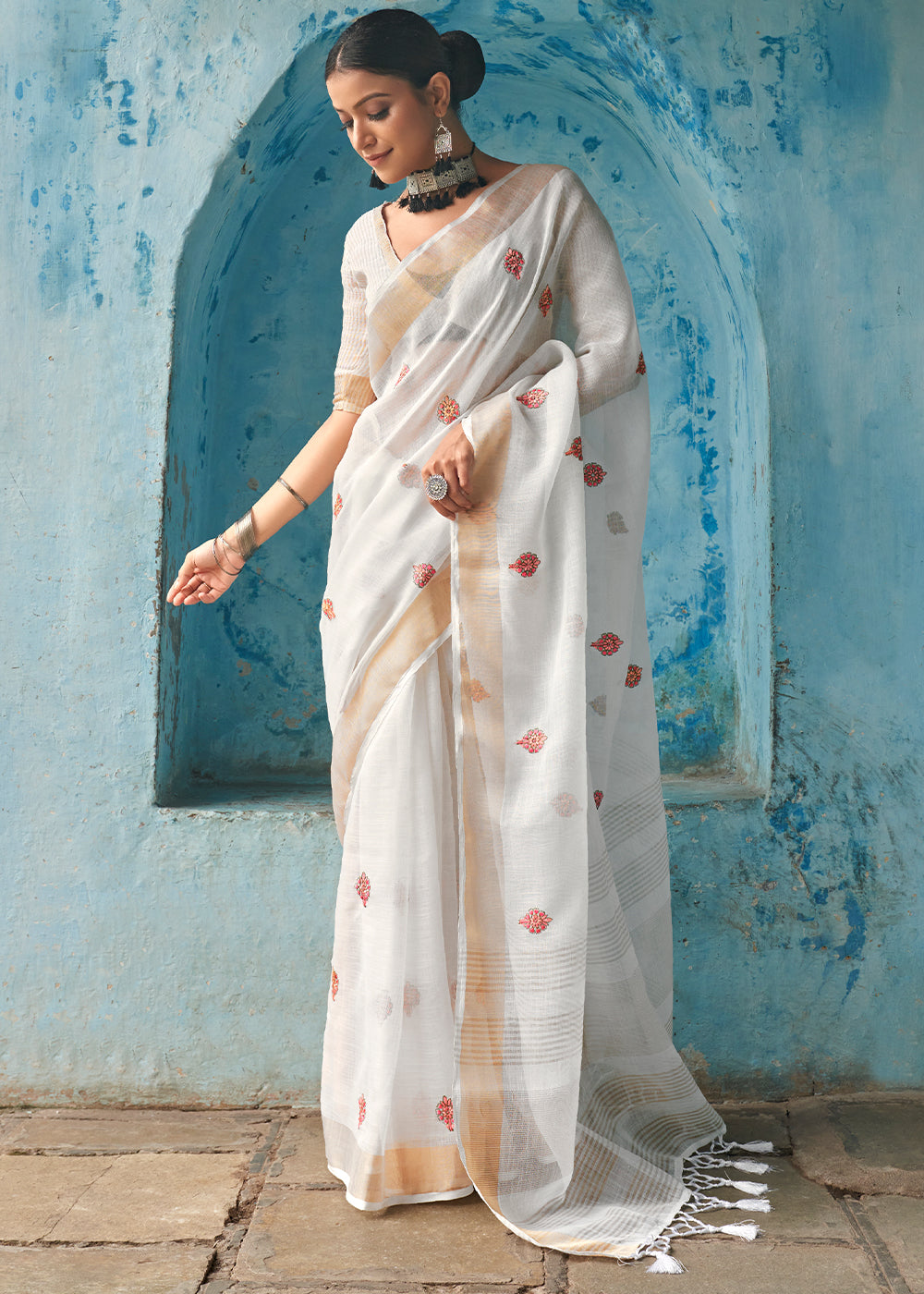 Pearl White Floral Embroidered Linen Saree