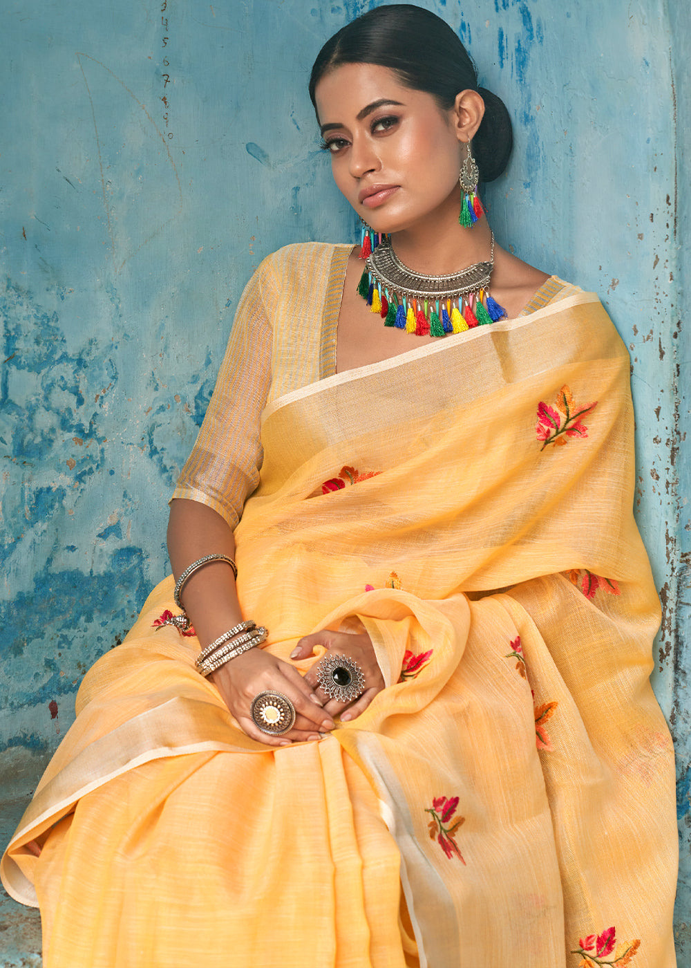 Merigold Orange Floral Embroidered Linen Saree