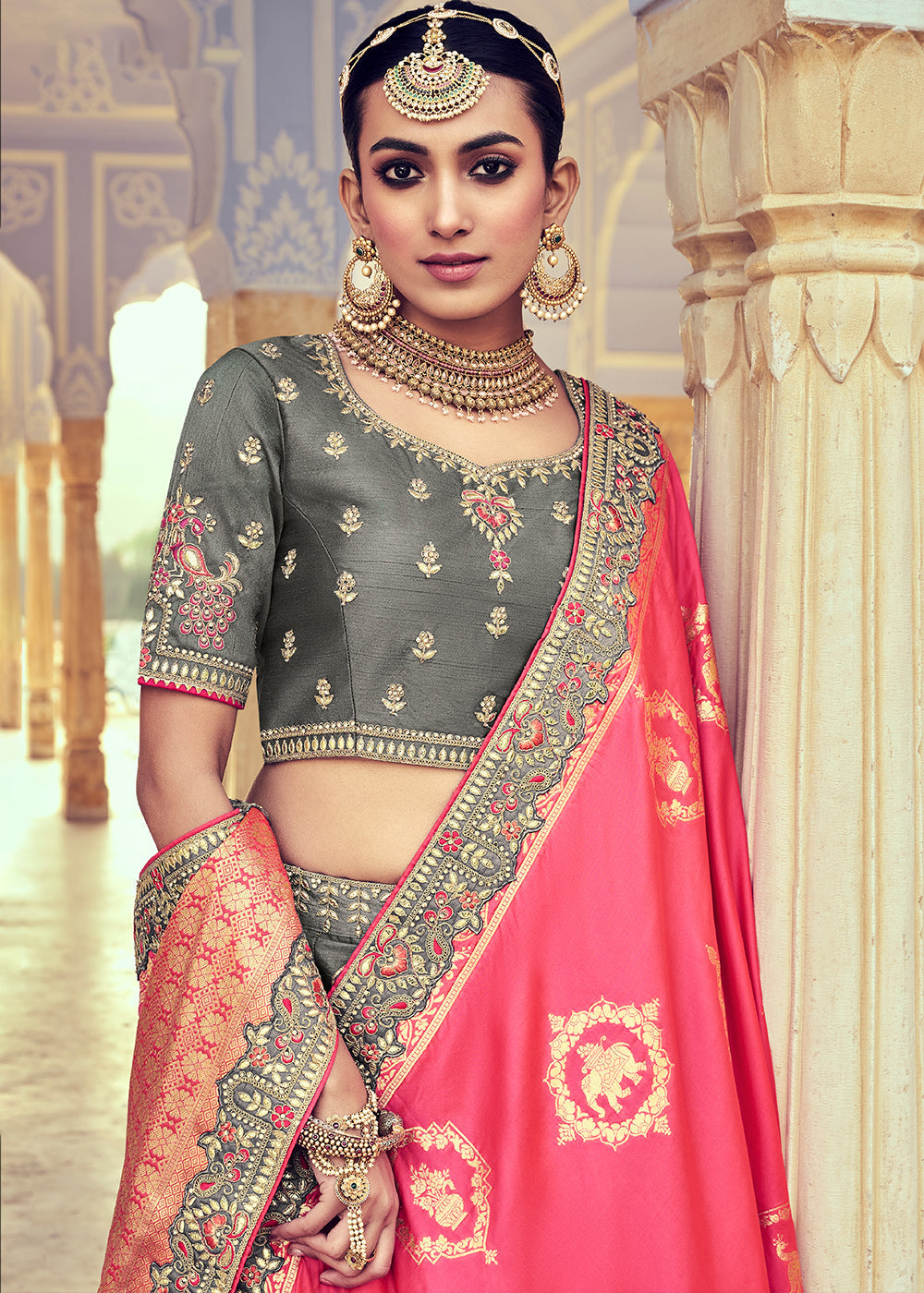 Anchor Grey Banarasi Silk Lehenga Choli with Khatli and Heavy Embroidered work