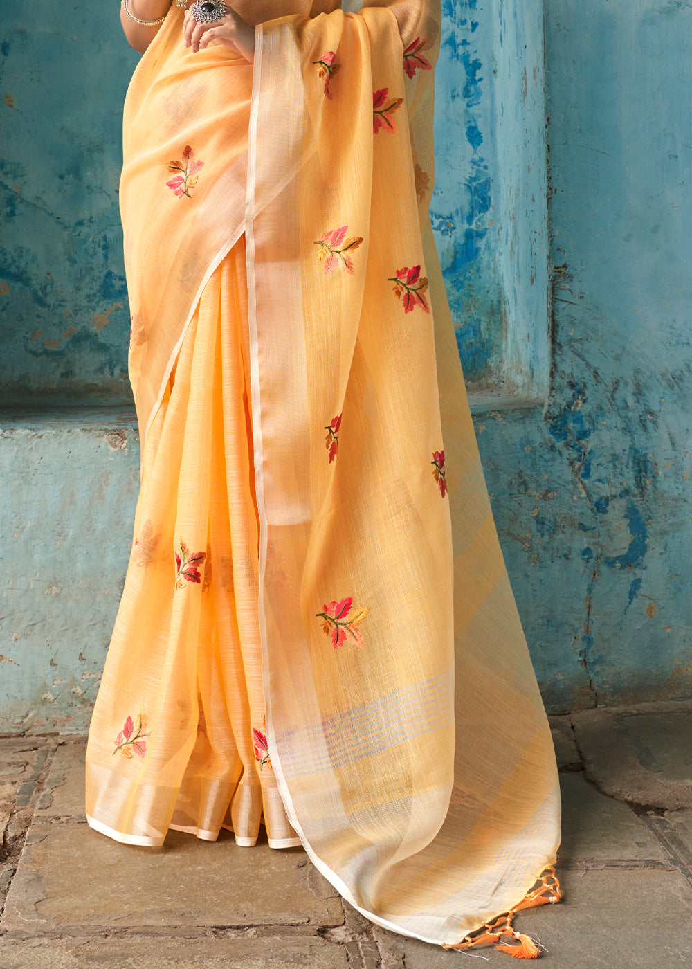 Merigold Orange Floral Embroidered Linen Saree