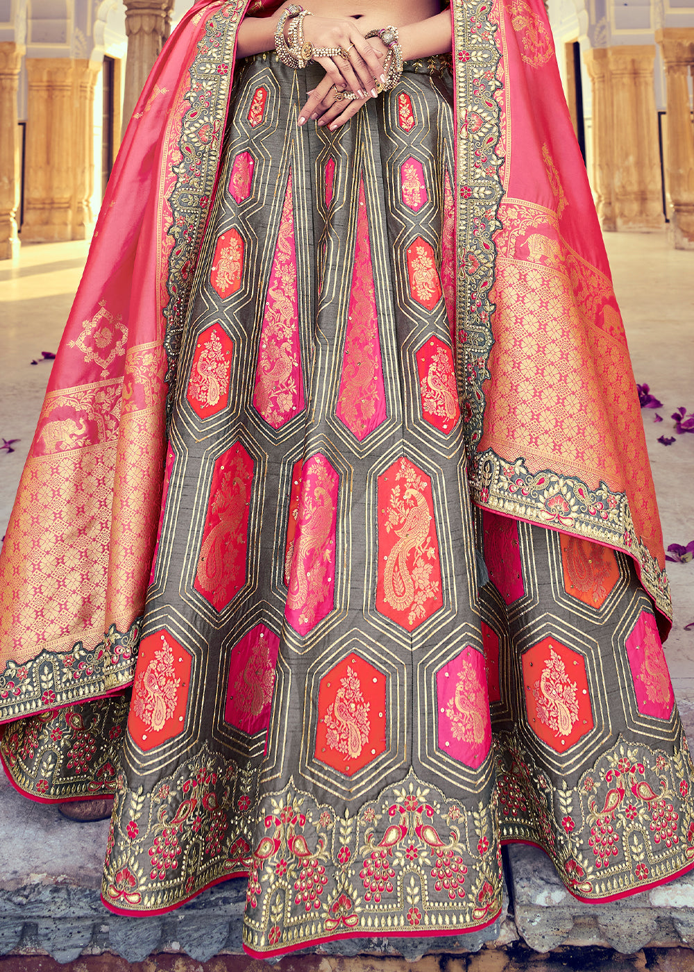 Anchor Grey Banarasi Silk Lehenga Choli with Khatli and Heavy Embroidered work