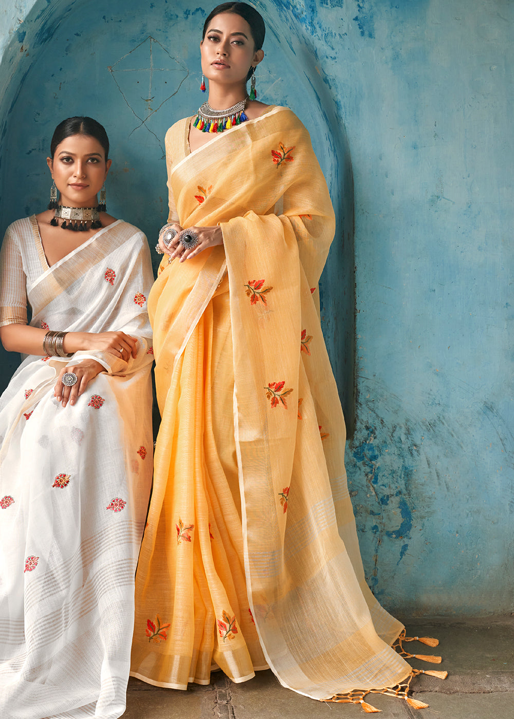 Merigold Orange Floral Embroidered Linen Saree