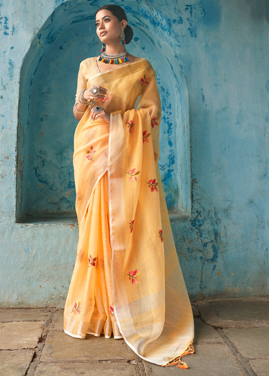 Merigold Orange Floral Embroidered Linen Saree