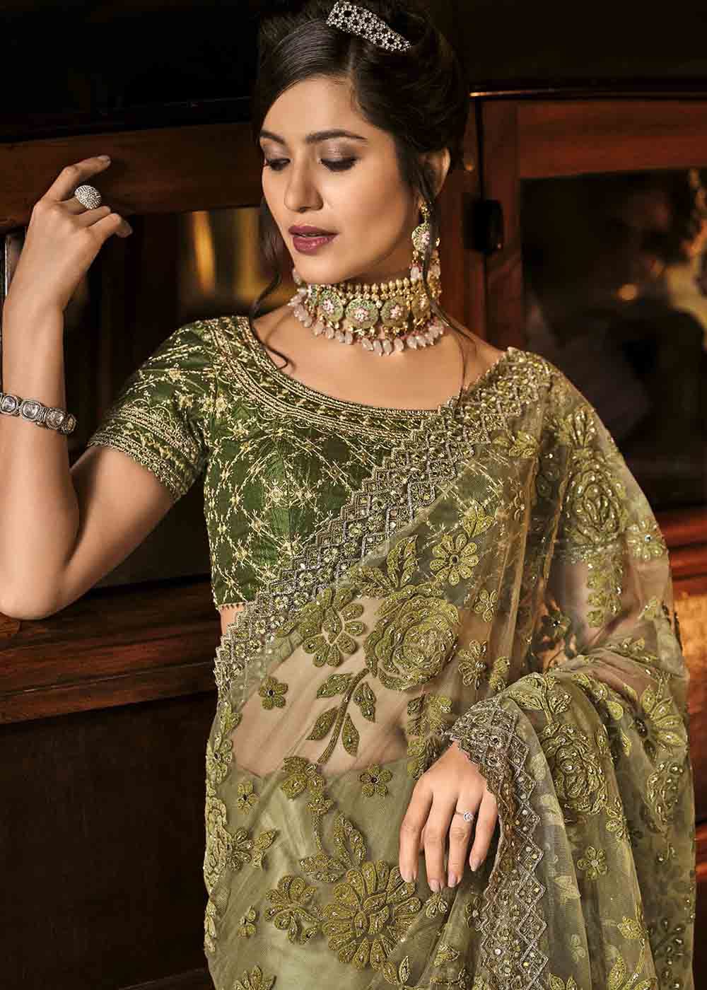 Mehendi Green Designer Net Saree with Jari, Mirror & Moti Cut Dana work