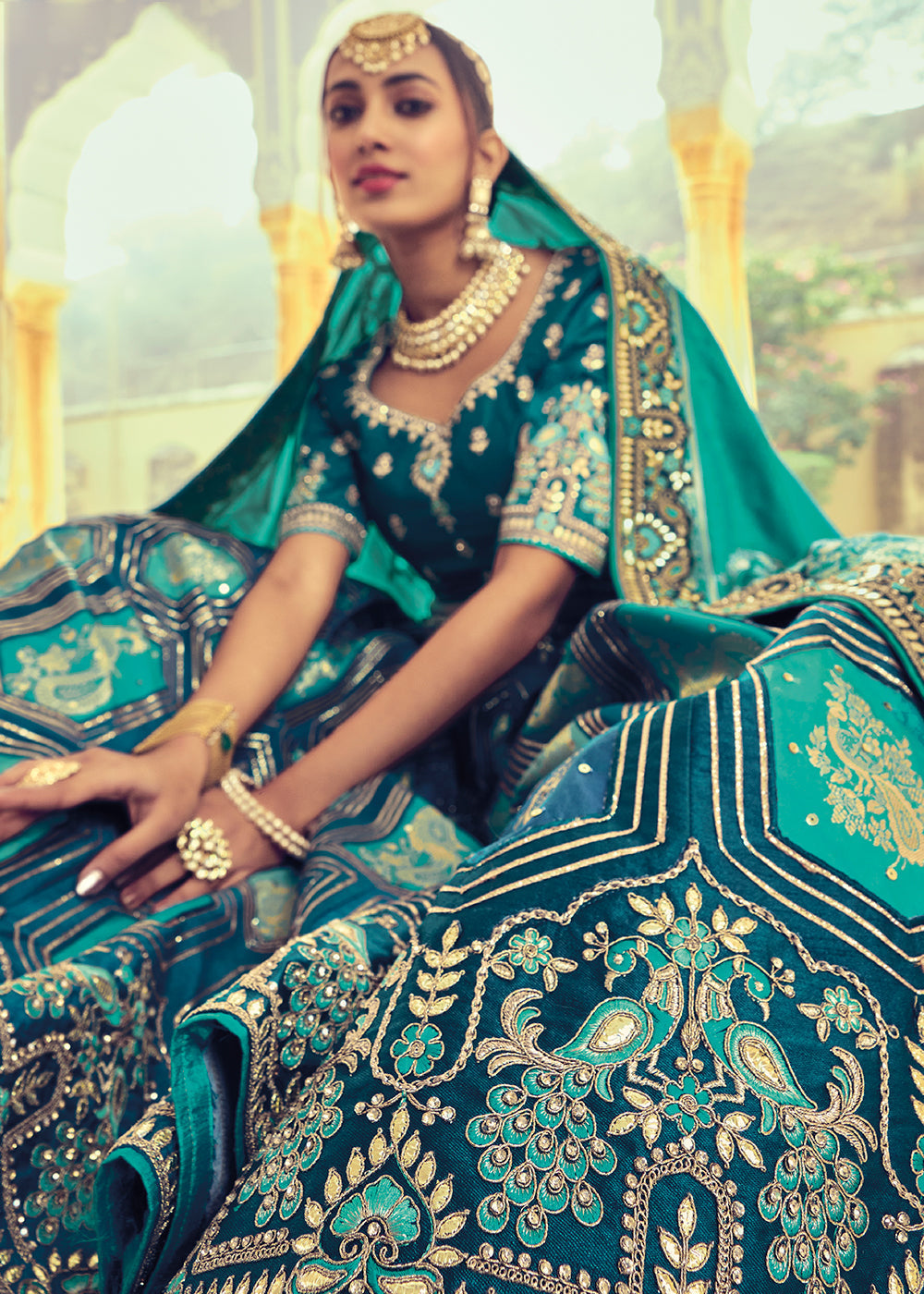 Shades Of Blue Banarasi Silk Lehenga Choli with Khatli and Heavy Embroidered work