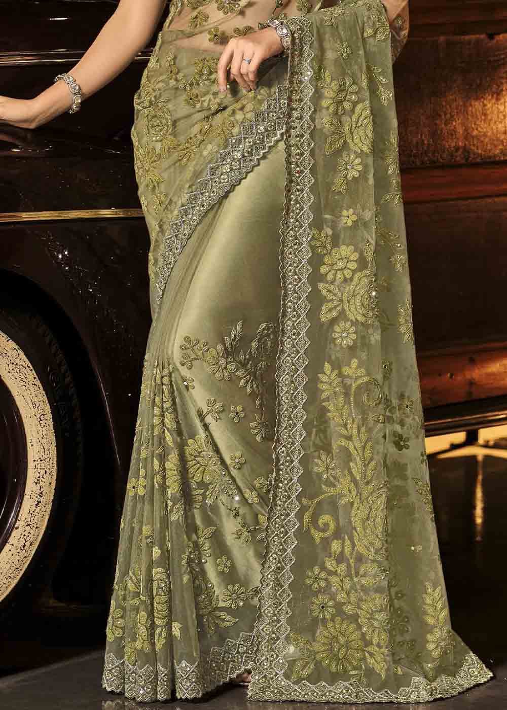 Mehendi Green Designer Net Saree with Jari, Mirror & Moti Cut Dana work