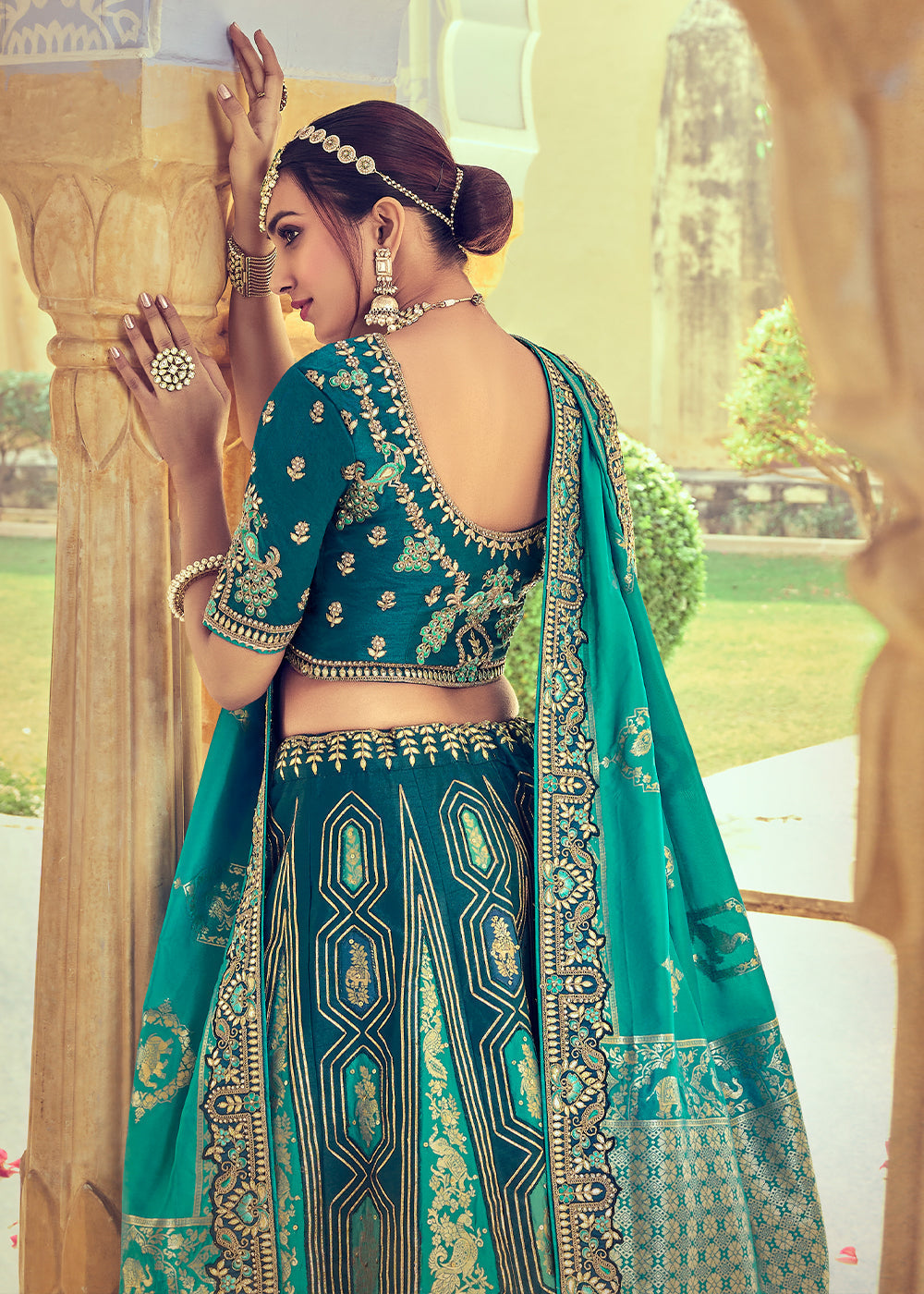 Shades Of Blue Banarasi Silk Lehenga Choli with Khatli and Heavy Embroidered work