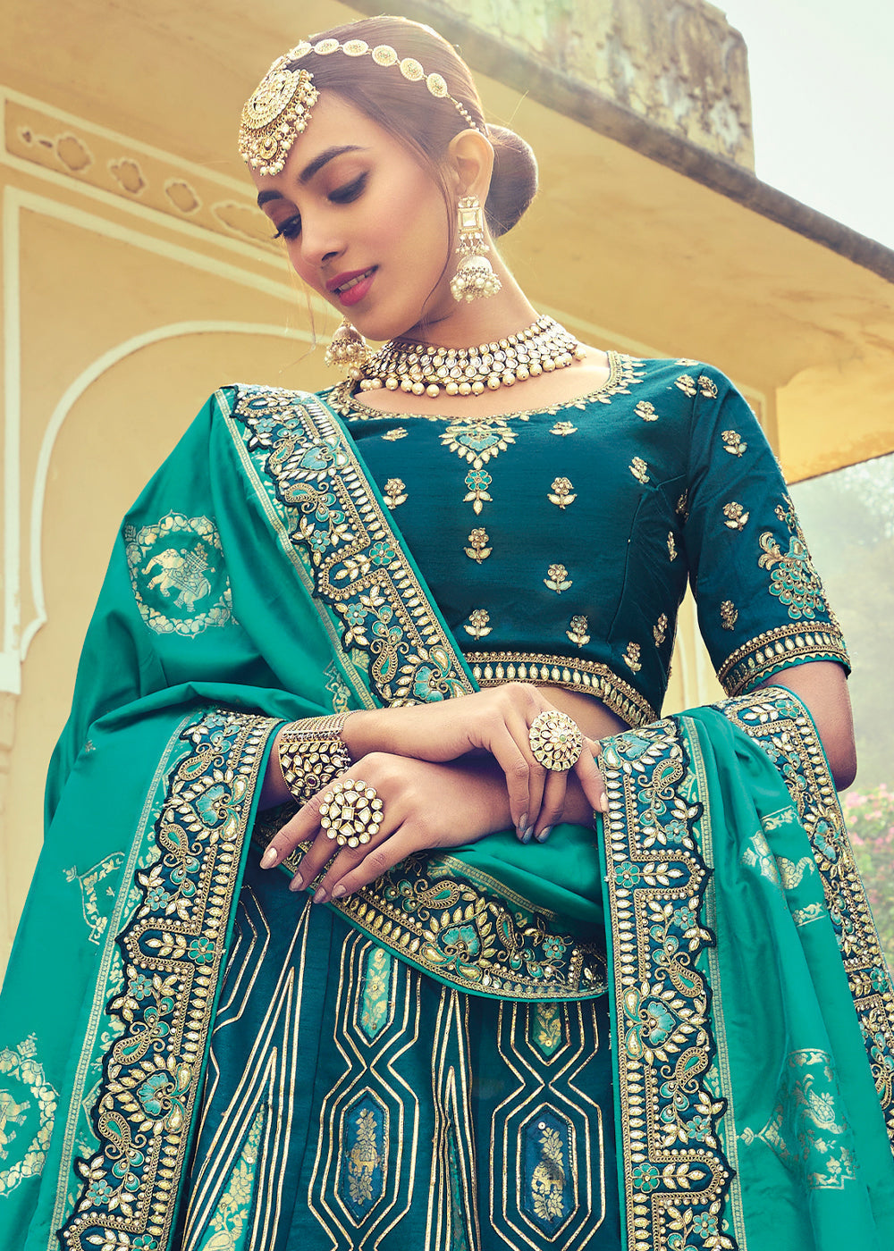 Shades Of Blue Banarasi Silk Lehenga Choli with Khatli and Heavy Embroidered work