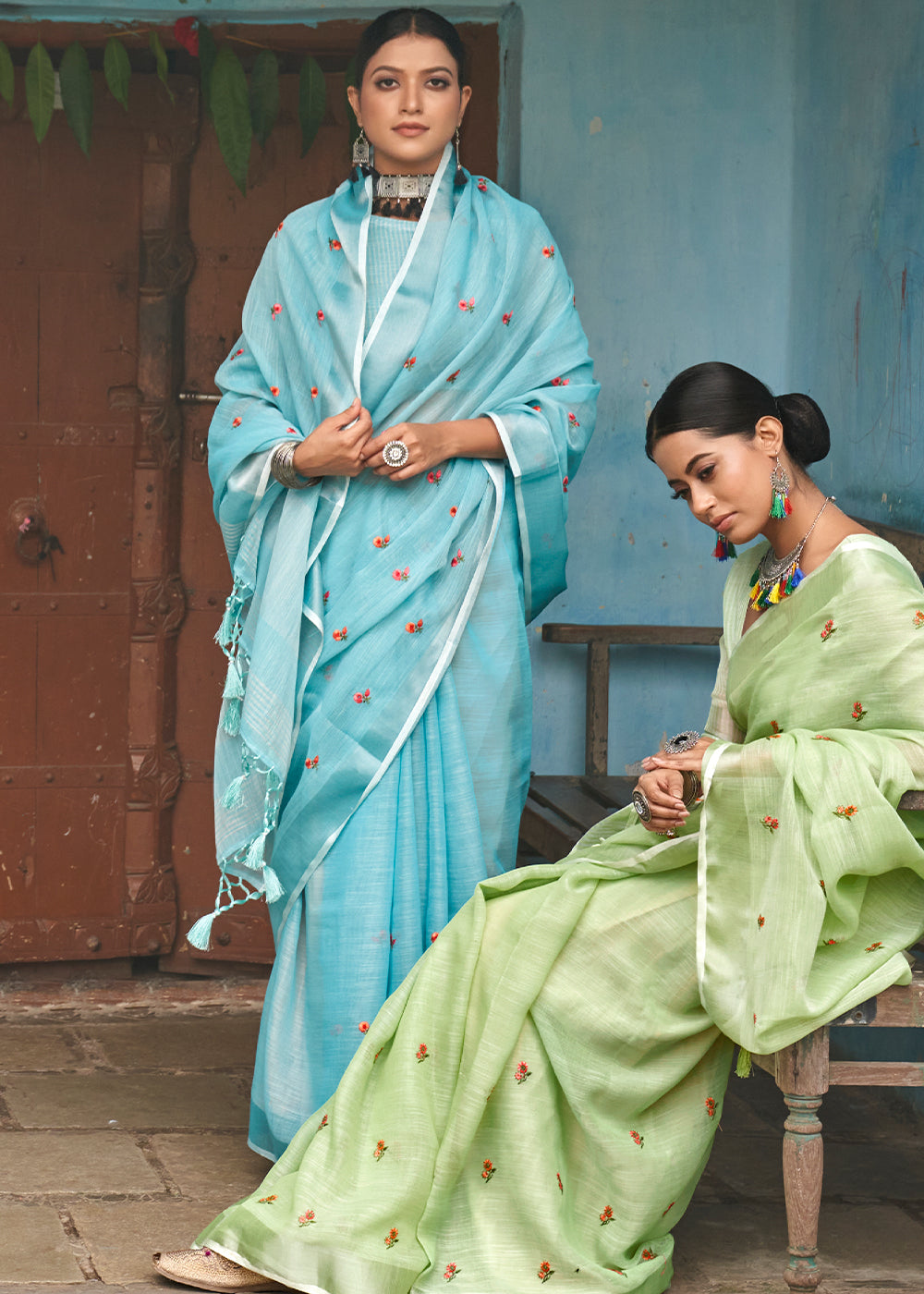 Baby Blue Floral Embroidered Linen Saree